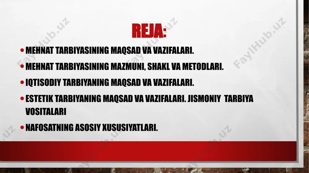 assasalarida o‘quvchilarni muayyan yo‘nalishlar bo‘yicha kasb yoki hunar asoslaridan xabardor qilish, ularda amaliy ko‘nikma va malakalarni shakllantirish yo‘lida olib borilayotgan pedagogik faoliyat ko‘rinishlaridan biri hisoblanadi. kasbga yo‘naltirish tizimi quyidagi komponentlarni o‘z ichiga oladi: kasbiy ta’lim —o‘quvchilarni mehnat, kasblar dunyosi, kasb tanlash muammolari bilan tanishtirish; kasbiy tashxis—o‘quvchilarni kasb tanlashga tavsiyalar berish uchun o‘rganish. tashxis tibbiy, psixologik, pedagogik bo‘lishi mumkin; kasbiy maslahat — kasb tanlash bo‘yicha maslahat va tavsiyalar berish; kasbiy tanlov —biror bir kasbga nomzodlarni tanlash; kasbiy moslashuv — ishlab chiqarish sharoitlariga va kasb talablariga yoshlarni moslashish jarayoni. estetik tarbiya - shaxsni tabiat va jamiyatdagi go‘zalliklarni ideal nuqtayi nazardan idrok etishga o‘rgatadi. estetik tarbiya - o‘quvchilarda estetik bilim, ko‘nikma, malakalarni shakllantirishni hamda estetik his-tuyg‘u, qiziqish, ehtiyoj, baho berish kabi xislatlarni tarbiyalash masalalarini o‘z ichiga oladi. estetik tarbiya mohiyati asosan quyidagilardan iborat: tabiat va voqelikdagi go‘zalliklarni idrok etish va zavqlanish; san’at asarlarini to‘g‘ri tushuna bilish va baholash; o‘zining qobiliyat va iste’dodlarini namoyon …
