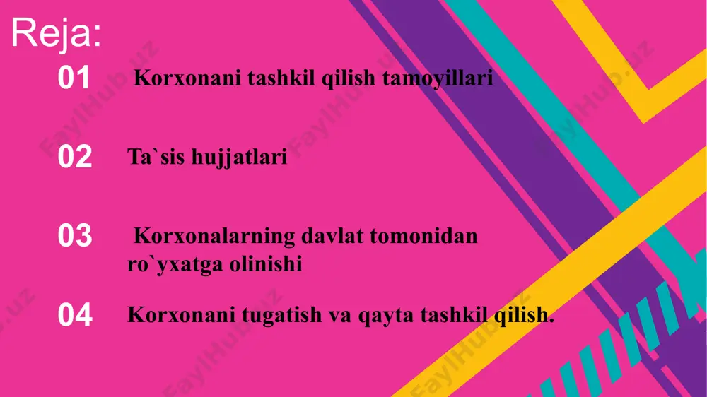 asida ham tashkil topishi mumkin korxona qonun hujjatlarida belgilab qo`yilgan tartibda maxsus davlat idoralarida ro`yxatga olingan kundan boshlab tashkil qilingan hisoblanadi va huquqiy shaxs maqomiga ega bo`ladi. korxonani tashkil qilishdan tashqari, uning moliyaviy barqarorligi va samarali faoliyatini ta`minlash, bozor munosabatlari va raqobatchilik sharoitlarida juda muhimdir. your text here your text here your text here your text here amaliyotdan ko`rinib turibdiki, bu qoidalarga rioya qilmaslik natijasida korxonani tashkil qilishga ketgan barcha sa`y-harakatlar o`zini oqlamaydi hamda ijtimoiy ishlab chiqarish rivojlanishining mikro va makroiqtisodiy ko`rsatkichlariga salbiy ta`sir ko`rsatadi. ya`ni moliyaviy jihatdan barqaror bo`lmagan korxonalar endi tashkil qilingan yoki faoliyat yuritayotganligidan qat`inazar, bankrot korxonalar hisoblanadi. yangi korxona tashkil qilishdan asosan quyidagi maqsadlar ko`zlanadi: * iste`molchilar talab qilayotgan mahsulot ishlab chiqarishni ko`paytirish va uni sotishdan foyda (daromad) olish; * ishlab chiqarishga ish bilan band bo`lmagan aholini jalb qilish va shu orqali ish bilan ta`minlashdagi ijtimoiy muammolarni hal qilish; * ishlab chiqarishga mavjud qo`shimcha resurslarni jalb …