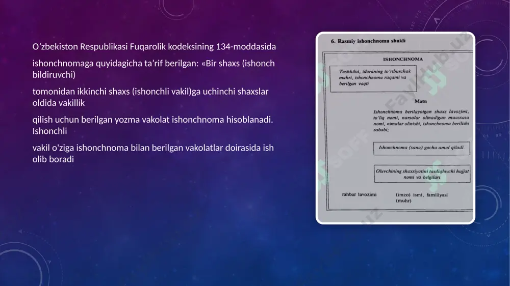 , topshiriqlarning bajarilishi, tovar moddiy boyliklarning saqlanishi, mehnat intizomining ahvoli haqida va boshqa xilma-xil masalalar to'g'risida tuziladi. xizmat ma’lumnotnomasi o‘z navbatida ikkiga – ichki va tashqi xizmat ma’lumotnomalariga bo‘linadi. i c h k i x i z m a t m a ’l u m o t n o m a s i – muassasa ichki ishlari, xo‘jalik faoliyati, biror tarkibiy bo‘linma yoki ayrim xodimning ish faoliyati haqida tayyorlanib, shu muassasa rahbariga yo‘llanadi. bunday ma’lumotnomalar bevosita tuzuvchi (bo‘linma boshlig‘i, kadrlar bo‘limi boshlig‘i, ish yurituvchi, oddiy xodim va boshqalar) tomonidan imzolanadi va oddiy qog‘oz varag‘iga qo‘lda yozilishi ham mumkin. t a s h q i x i z m a t m a ’l u m o t n o m a s i – muayyan muassasa nomidan yuqori idora yoki mansabdor shaxslarga ularning ko'rsatmasi yoki talabiga muvofiq tayyorlanib, jo‘natiladi hamda xos ish qog‘oziga yoki maxsus bosma ish qog‘oziga yoziladi va …