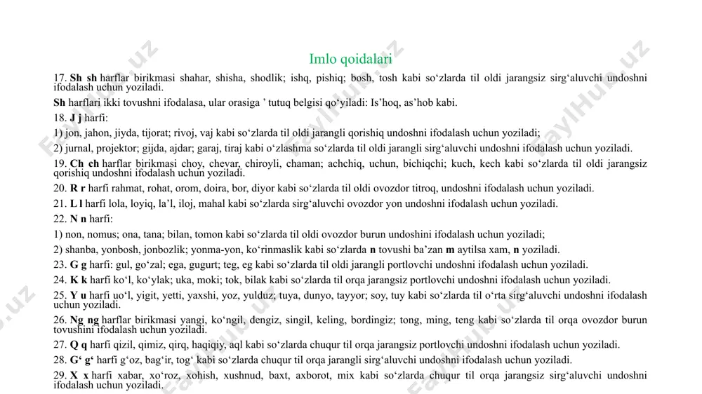 til orqa jarangli sirg‘aluvchi undoshni ifodalash uchun yoziladi. 29. x x harfi xabar, xo‘roz, xohish, xushnud, baxt, axborot, mix kabi so‘zlarda chuqur til orqa jarangsiz sirg‘aluvchi undoshni ifodalash uchun yoziladi. 30. h h harfi hosil, hamma, bahor; isloh, nikoh kabi so‘zlarda jarangsiz sirg‘aluvchi bo‘g‘iz undoshini ifodalash uchun yoziladi. imlo qoidalari 31. yonma-yon keladigan undoshlarning imlosi: 1) baland, samarqand, poyezd; do‘st, past, artist, g‘isht kabi so‘zlarda d, t tovushi ba’zan aytilmasa ham, yoziladi; 2) metall, kilogramm, kilovatt, kongress kabi o‘zlashma so‘zlar oxirida bir undosh aytilsa ham, ikki harf yoziladi. lekin bunday so‘zga xuddi shu tovush bilan boshlanadigan qism qo‘shilsa, so‘z oxiridagi bir harf yozilmaydi: metall + lar = metallar, kilogramm + mi = kilogrammi kabi. 32. ’ — tutuq belgisi: 1) a’lo, ba’zan, ma’yus, ta’zim; ra’y, ta’b; e’lon, e’tibor, e’tiqod, me’mor, ne’mat, she’r, fe’l; nu’mon, shu’la kabi o‘zlashma so‘zlarda unlidan keyin shu unli tovushning cho‘ziqroq aytilishini ifodalash uchun qo‘yiladi; mo‘jiza, mo‘tadil, …
