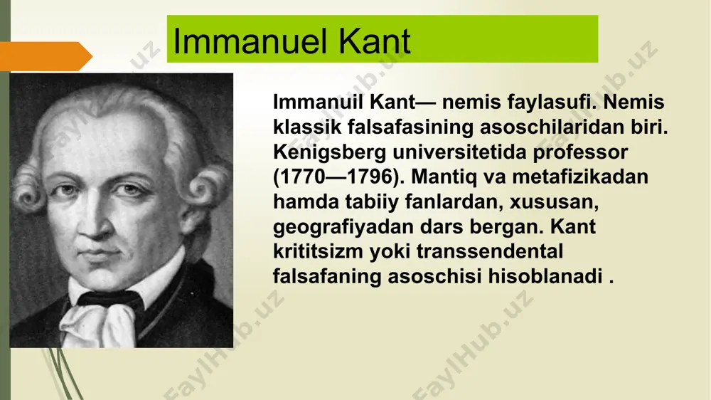 alki uning tushunchalarigina rivojlanadi ruh falsafasi- g'oyaning inson ongi va bashariyat tarixida rivojlanadi har qanday rivojlanish sxema bo'yicha davom etadi bo'lish (tasdiqlash) hech narsa (tasdiqlash rad etish) bo'lish (qarama-qarshiliklarni olib tashlash) tezis antitezis sintez metafizik usulni chuqur va fundamental tanqid ostiga olib, hegel dialektika qonunini shakllantirdi. 1. miqdoriy munosabatlarning sifat munosabatlariga o‘tish qonuni (miqdoriy munosabatlar muayyan bosqichdan keyin o‘zgarganda, o‘lchovning buzilmasligi tufayli sifat o‘zgaradi. 2. rivojlanish yo‘nalishi qonuni (inkorni inkor etish). yalang'och inkor - berilgan predmetdan keyin keladigan, butunlay vayron qiluvchi narsa.dialektik inkor: birinchi ob'ektdan nimadir saqlanib qolgan - bu narsaning ko'payishi, lekin boshqa sifatda. suv-muz. yalang'och inkor donni maydalaydi, don ekadi - dialektik inkor.rivojlanish spiral shaklida kechadi. 3. qarama-qarshiliklarning birligi va kurashi qonuni. shakl va mazmun, imkoniyat va voqelik o'rtasidagi ziddiyat.birlikning rivojlanishi va qarama-qarshiliklar kurashining sababi.bu ruh uchun osonroqdir. dastlab bir xil, ammo potentsial farqlar bilan to'la. identifikatsiya farqi - qarama-qarshi. qarama-qarshiliklar o'zaro ta'sir qiladi, ya'ni kurashadi. asosiy asarlari: …