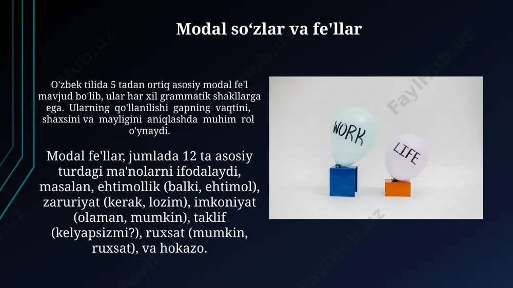 qo'llanishi mumkin, jumlada 2-3 ta modal so'zdan ham foydalanish mumkin lekin ma'no aniq bo'lishi kerak. modal so'zlar bilan tuzilgan jumlalar, ma'lumotning ishonchliligini, so'zlovchining fikr-mulohazalarini ifodalaydi, jumlada 3 ta asosiy qism: fe'l, modal so'z va to'ldiruvchi bo'lishi mumkin. modal soʻzlar va ravish ba’zi modal soʻzlar, masalan, “kerak”, “lozim” kabi soʻzlar fe’l vazifasida ham, modal soʻz vazifasida ham kelishi mumkin, bu ularning sintaktik xususiyatlarining murakkabligini koʻrsatadi. modal soʻzlar fe’lning ma’nosini 12 ta asosiy kategoriyadan biriga, masalan, ehtimollik (balki, ehtimol), zaruriyat (kerak, lozim), imkoniyat (olaman, mumkin) kabi ma’nolarni qoʻshib beradi. modal soʻzlarning ma'no farqlari modal soʻzlarning 1-guruhi ehtimollikni (50% dan kam, 50% atrofida, 50% dan ortiq) ifodalashda farqlanadi, masalan, "mumkin", "balki", "albatta" kabi soʻzlar turlicha ehtimollik darajalarini bildiradi. modal soʻzlarning 2-guruhi, masalan, "kerak", "zarur", "majbur" kabi soʻzlar, majburiyat yoki zaruriyat darajasida, ya'ni kuchli yoki zaif shaklda oʻzaro farqlanadi. modal soʻzlar va olmoshlar modal so'zlar fe'lning ma'nosini o'zgartirib, ehtimollik (50% dan kam yoki ko'p), …