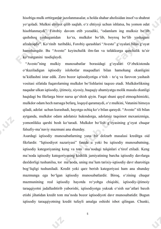 ng yana bir dolzarb masalasi kreditga oid fikrlardir. “iqtisodiyot nazariyasi” fanida u yoki bu iqtisodiy munosabatning, iqtisodiy kategoriyaning keng va tom ma’nodagi talqinlari e’tirof etiladi. keng ma’noda iqtisodiy kategoriyaning kishilik jamiyatining barcha iqtisodiy davrlarga daxldorligi tushunilsa, tor ma’noda, uning ma’lum tarixiy-iqtisodiy davr sharoitiga bog‘liqligi tushuniladi. kredit yoki qarz berish kategoriyasi ham ana shunday mazmunga ega bo‘lgan iqtisodiy munosabatlardir. biroq, o‘zining chuqur mazmunining real iqtisodiy hayotda ro‘yobga chiqishi, iqtisodiy-ijtimoiy taraqqiyotni jadallashtirib yuborishi, iqtisodiyotga yuksak o‘sish sur’atlari baxsh etishi jihatidan kredit tom ma’noda bozor iqtisodiyoti davr munosabatidir. bugun iqtisodiy taraqqiyotning kredit tufayli amalga oshishi isbot qilingan. chunki, umumjahon iqtisodiyoti ravnaqi ham, milliy iqtisodiyotlar rivoji ham kredit munosabatlarsiz amalga oshmasligi hech kimga sir emas. ayni chog‘da, kredit juda qadim tarixga ega bo‘lgan iqtisodiy kategoriya ekanligi “iqtisodiy ta’limotlar tarixi”da, xususan, o‘ttiz asrga teng deb e’tirof etilayotgan “avesto” asarida ham ko‘rsatib o‘tilgan. buyuk ajdodlarimiz kreditdan (qarz berish) foydalanib xo‘jalik yuritganliklari bu mangu asarda o‘z ifodasini …