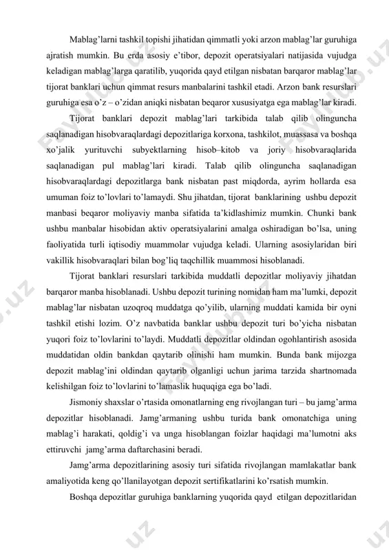 navbatida banklar ushbu depozit turi bo’yicha nisbatan yuqori foiz to’lovlarini to’laydi. muddatli depozitlar oldindan ogohlantirish asosida muddatidan oldin bankdan qaytarib olinishi ham mumkin. bunda bank mijozga depozit mablag’ini oldindan qaytarib olganligi uchun jarima tarzida shartnomada kelishilgan foiz to’lovlarini to’lamaslik huquqiga ega bo’ladi. jismoniy shaxslar o’rtasida omonatlarning eng rivojlangan turi – bu jamg’arma depozitlar hisoblanadi. jamg’armaning ushbu turida bank omonatchiga uning mablag’i harakati, qoldig’i va unga hisoblangan foizlar haqidagi ma’lumotni aks ettiruvchi jamg’arma daftarchasini beradi. jamg’arma depozitlarining asosiy turi sifatida rivojlangan mamlakatlar bank amaliyotida keng qo’llanilayotgan depozit sertifikatlarini ko’rsatish mumkin. boshqa depozitlar guruhiga banklarning yuqorida qayd etilgan depozitlaridan tashqari mijozlarning akkreditiv bo’yicha talab qilib olinguncha bo’lgan davrdan foizsiz depozitlar, shuningdek, amaldagi qoidalarga muvofiq turli ishonchli mablag’lar va shunga o’xshash boshqa moliyaviy operatsiyalar va majburiyatlar bo’yicha depozit hisobvaraqalarini ochishi mumkin14. demak, tijorat banklari depozit siyosati – bank siyosatining ajralmas elementi bo’lib, uning asosiy maqsadi bankning depozit resurslarni shakllantirish, boshqarish bilan bog’liq strategik …
