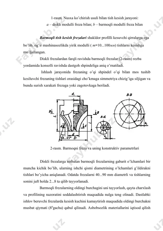ersalligi, yuqori unumdorligi va aniqligi bilan keng qo’llaniladi. bunda ushbu modulli bitta freza bilan tishlarining soni turli bo’lgan g’ildiraklarni kesish mumkin. kesish jarayonining to’xtovsizligi uchun g’ildiraklarni qadami bo’yicha yuqori unumdorlik va aniqlikni ta’minlaydi. kesish jarayoni freza va zagotovkani o’z o’qi atrofida aylanishi va frezani surish xarakatini kesiladigan g’ildirak o’qi bo’ylab ta’minlaydigan maxsus tish frezalash dastgohlarida amalga oshiriladi. aniqligi bo’yicha chervyakli frezalar aaa va aa (pozitsion) a,v,s va d (umumiy vazifali) 5 – 9 kvalitet aniqligida ishlov beradigan qilib tayyorlanadi. bundan tashqari frezalar qo’yidagi turlarga bo’linadi: a) chervyakni kirimlari soni bo’yicha – bir va ko’p kirimli; b) o’ramlarning yo’nalishi bo’yicha – o’ng (to’g’ri tishli va o’ng kirimli g’ildiraklar) va chap (og’ma tishli g’ildiraklarning tishlarini kesish uchun); v) mahkamlash usuli bo’yicha – o’rnatiluvchi (nasadnaya) va quyruqli (chervyakli g’ildiraklar uchun); g) konstruktsiyasi bo’yicha – yaxlit va yig’ma; d) tayyorlash texnologiyasi bo’yicha – tishlarining yuzalari jilvirlangan va jilvirlanmagan. chervyakli frezalarning ishlash printsipi. chervyakli freza …