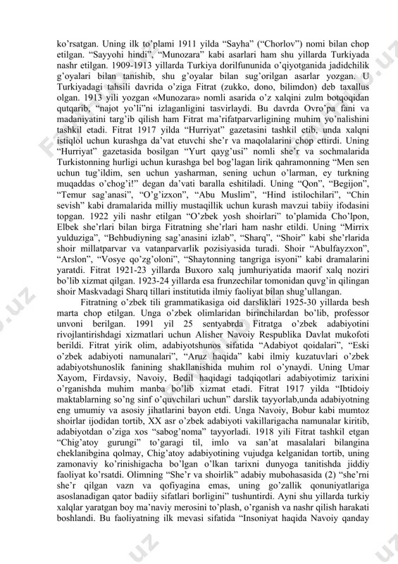 аn fоydаlаnib, quyidаgi fikrlаrni bildirаdi: “yaqindа o`zbеk sаhnаsi ulug` vа ulug` ligi qаdаr yuksаk vа go`zаl bir tоmоshа ko`rdi... tаnqid vа tаqriz qilishni iеn bаjаrа оlmаymаn. birоq bu to`g` ridа yozmоqlik mеngа tushgаnligidаn ko`p chuqur bo`lmаgаn qаrаshni yozib kеtаmаn”. fitratning adabiy-tanqidiy qarashlari “fitrat” so’zi forscha bo’lib abdurauf abduraxim o’g’lining taxallusi mazkur so’z tabiiy talant ma’nosini anglatadi. fitrat xx asr o’zbek adabiyotining asoschilaridan biridir. uning ijodisiz o’zbek adabiyoti ancha kambag’al ko’ringan bo’lur edi. fitrat tilshunos va tarixchi olim, davlat arbobi sifatida ham katta ishlarni amalga oshirdi. fitratning 250 bosma tabog’dan ortiqroq adabiy merosi e’lon qilingan, 100 bosma tabog’dan ortiq badiiy va ilmiy asarlari esa hali e’lon qilinmagan. masalan, uning “feodalizm davri o’zbek adabiyoti” (1938. 12 bosma tabog’); “jadidlar davri o’zbek adabiyoti tarixi ocherki” (1935. 15 bosma tabog’);“firdavsiy ijodi va hayoti” (9 bosma tabog’). fitrat ijodi asosan o’zbekiston mustaqillikka erishganidan keyin keng o’rganila boshlandi. u buxoroda ziyoli oilasida tug’ilgan. buxoro, istambul madrasalari …