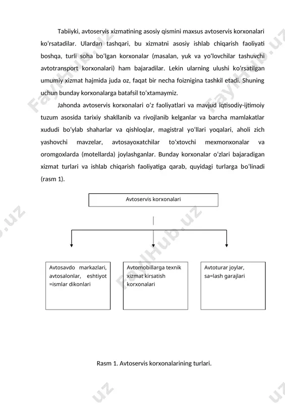 da) joylashadi va kamida 25 ta, kо‘pi bilan 100, hatto 200 ishchi postlarga ega bо‘ladi. bunday markazlarni odatda avtomobillar ishlab chiqaruvchi va ular bilan savdo qiluvchi kompaniyalar va shuningdek, avtomobillar va ehtiyot qismlar bilan savdo qilishga ixtisoslashgan firmalar hissadorlik asosida tashkil etadilar. avtomarkazlar bir necha rusumli avtomobillarni ta’mirlash va ularga texnik xizmat kо‘rsatish uchun zarur bо‘lgan ishlab chiqarish texnika bazasi (ichtb), zarur texnologik jihozlar, maxsus asbob-uskunalar, ehtiyot qismlar, materiallar va shuningdek, texnik-texnologik xujjatlar va adabiyotlar bilan tо‘la ta’minlangan bо‘ladi. avtomarkazlarning ma’lum xududlarida, - viloyat tumanlari, shaharlari va qishloqlarida bir necha filiallari bо‘lib markaz ularga har jixatdan xomiylik qiladi, ayniqsa, kadrlar malakasini oshirish, ishlab-chiqarishda yangi, il\or texnologiyani joriy etish, xizmat kо‘rsatish madaniyatini yaxshilash va h.k. kabilarda. xullas, avtomarkazlar- avtomobillar ishlab chiqaruvchi kompaniyalar bilan birga avtomobillar servisi sohasida ilmiy-texnika taraqqiyotini yetaklovchi va ta’minlovchi, bu sohada texnik siyosat yaratuvchi va olib boruvchilardir. avtomarkazlar mamlakatimizda, viloyat markazlari va yirik shaharlarida xx asrning 70-80chi yillarida …