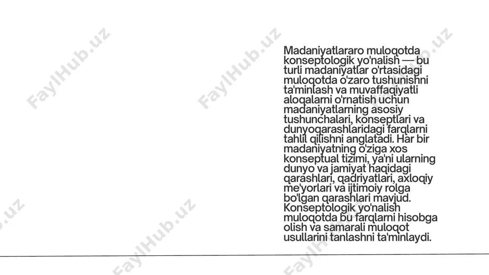arni o'z ichiga oladi va madaniyatlararo muloqotda muhim rol o'ynaydi. turli madaniyatlar bu qadriyatlarni turlicha talqin qiladi, bu esa muloqotda ba'zi tushunmovchiliklar yoki qarama-qarshiliklarni keltirib chiqarishi mumkin. misol: o'zbek madaniyatida "ota-onaga hurmat" va "katta yoshdagilarga e'tibor" kabi qadriyatlar ko'plab muloqotlarda asosiy o'rin tutadi. boshqa madaniyatlarda esa, masalan, skandinaviya mamlakatlarida individualizm va mustaqillik ko'proq qadrlanadi, ota-onaga nisbatan hurmat boshqa madaniyatlardagi kabi katta ahamiyatga ega bo'lmasligi mumkin. 3. va'z va muloqot usullari har bir madaniyatning o'ziga xos va'z qilish usullari, ya'ni biror fikrni qanday qilib etkazish, qanday uslubda gapirish, qanday tonda va uslubda muloqot qilish madaniyatning konseptual xususiyatiga bog'liq bo'ladi. bir madaniyatda to'g'ridan-to'g'ri gapirish, boshqasida esa bilvosita va ehtiyotkorlik bilan so'zlashuv afzal ko'riladi. misol: yaponiyada va koreyada muloqotda ehtiyotkorlik va muloyimlik talab qilinadi, bu madaniyatlar odatda bilvosita va yumshoq muloqot uslublarini qadrlaydi. g'arb madaniyatlarida esa odatda aniq va to'g'ridan-to'g'ri gapirish odatiy hol hisoblanadi. bu madaniyatlar, masalan, "ha" yoki "yo'q" deb qat'iy va …