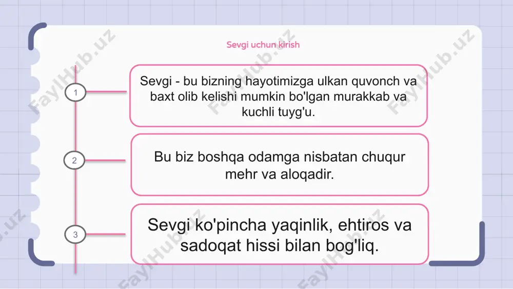 yaxshilanishi bilan bog'liq. bu inson hayotining muhim jihati bo'lib, ijtimoiy munosabatlarni shakllantirish va saqlashda muhim rol o'ynaydi. sevgi falsafasi sevgi - bu bizning fikrlarimiz, harakatlarimiz va munosabatlarimizga ta'sir qiluvchi murakkab va kuchli tuyg'u. bu falsafa sevgining mohiyatini, uning kelib chiqishi va hayotimizga ta'sirini tushunish va o'rganishga intiladi. sevgini o'rganish orqali biz insoniy tajribaga ega bo'lishimiz, hamdardlik va hamdardlikni rivojlantirishimiz mumkin. 1 2 3 sevgi tarixi sevgi tarix davomida qiziqarli mavzu bo'lib kelgan, uning kelib chiqishi qadimgi davrlarga borib taqaladi. o'rta asr ritsarlarining ishqiy imo-ishoralaridan uyg'onish davridagi saroy muhabbatigacha, sevgi rivojlanib, turli ko'rinishlarga ega bo'ldi. bugungi kunda sevgi butun dunyoda turli yo'llar bilan nishonlanadi, lekin uning mohiyati bir xil bo'lib qolmoqda - kuchli va universal tuyg'u. adabiyotda sevgi sevgi butun tarix davomida adabiyotda keng tarqalgan mavzu bo'lib, inson hissiyotlarining turli shakllari va ifodalarini ifodalaydi. shekspirning mashhur sevgi sonetlaridan tortib jeyn ostenning ishqiy romanlarigacha muhabbat murakkab va o‘zgartiruvchi kuch sifatida o‘rganilgan. adabiyotda …