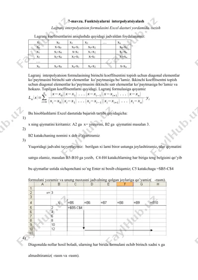 lagranj interpolyatsiyalash formulasini excel dasturi yordamida tuzish — DOCX