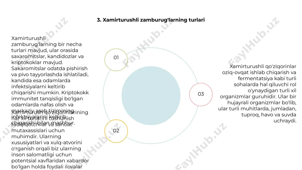 i o'zgartirishni o'z ichiga oladi. bu jarayon ko'pincha genlarni tahrirlash, genlarni kiritish yoki genlarni yo'q qilish kabi usullarni o'z ichiga oladi. xamirturush zamburug'larini genetik darajada manipulyatsiya qilish orqali tadqiqotchilar turli xil ilovalar uchun moslashtirilgan o'ziga xos xususiyatlarga yoki qobiliyatlarga ega bo'lgan shtammlarni yaratishi mumkin. xamirturush qo'ziqorinlarining genetik manipulyatsiyasi biotexnologiya va oziq-ovqat ishlab chiqarish kabi sohalarda inqilob qildi. ushbu genetik jihatdan o'zgartirilgan xamirturush shtammlari bioyoqilg'i, farmatsevtika va mazali oziq-ovqat ingredientlari kabi turli xil mahsulotlarni ishlab chiqarishda hal qiluvchi rol o'ynaydi. 13. xamirturushli qo'ziqorinlarning oziq-ovqat mahsulotlarini saqlashga ta'siri xamirturushli qo'ziqorinlar zararli bakteriyalar, mog'or va buzuvchi organizmlarning rivojlanishiga to'sqinlik qiluvchi kimyoviy moddalar ishlab chiqarish orqali oziq-ovqat mahsulotlarini saqlashda hal qiluvchi rol o'ynaydi. 01 02 03 fermentatsiya orqali xamirturushli qo'ziqorinlar shakarni alkogol va karbonat angidridga aylantirib, patogenlarning ko'payishiga to'sqinlik qiladigan va oziq-ovqat mahsulotlarini saqlash muddatini uzaytiradigan kislotali muhit yaratadi. bundan tashqari, xamirturushli qo'ziqorinlar non, pivo va pishloq kabi fermentlangan ovqatlarda lazzat va to'qimalarning rivojlanishiga …