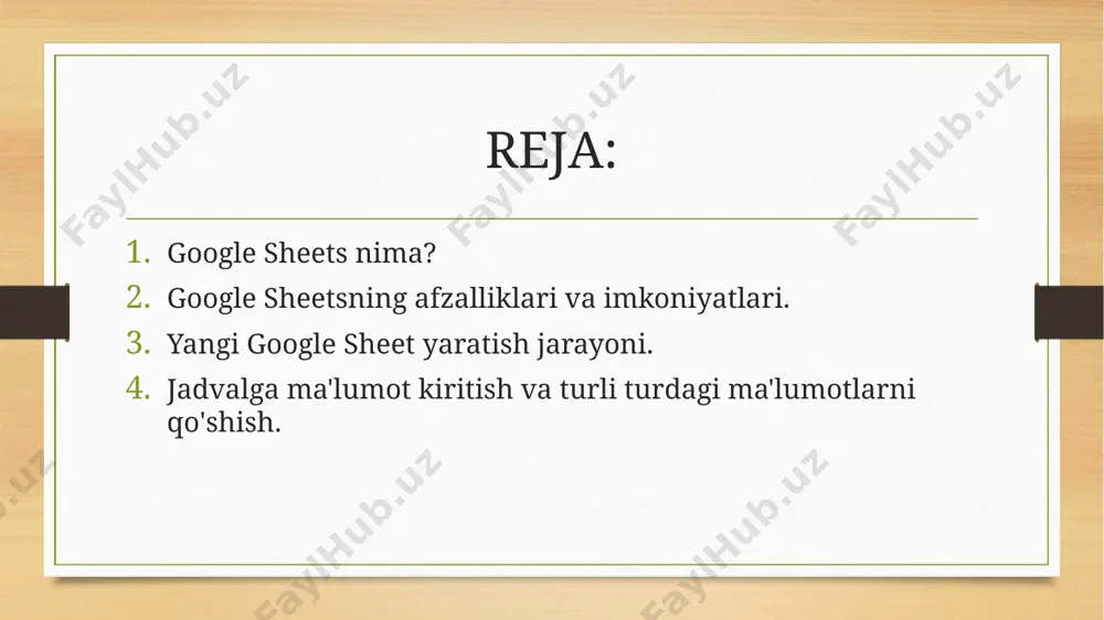 ort qilish mumkin. formulalar va funksiyalar: google sheetsda matematik, statistik va boshqa murakkab hisoblashlarni amalga oshirish uchun turli formulalar va funksiyalar mavjud yangi google sheet yaratish jarayoni yangi google sheet yaratish google driveda yoki google sheets saytida "yangi" (new) tugmasini bosing. "google sheets"ni tanlang. bo'sh varaq yoki shablon (template) tanlash imkoniyati mavjud. bo'sh varaq (blank spreadsheet): yangi bo'sh jadval yaratish. shablonlardan foydalanish: agar oldindan tayyorlangan shablonlardan foydalanmoqchi bo'lsangiz, google sheetsda turli shablonlar mavjud (masalan, byudjetlar, jadvallar, hisobotlar va boshqalar). jadvalni nomlash jadvalni nomlash yangi yaratgan jadvalingizni nomlash uchun yuqori chap burchakdagi "untitled spreadsheet" (nomsiz jadval) bo'limiga bosing va o'zingizga kerakli nomni kiriting. nom kiritilgandan so'ng, jadval avtomatik ravishda saqlanadi. jadvalni tahrirlash va sozlash jadvalga sarlavhalar, ma'lumotlar va matnlar qo'shishni boshlashingiz mumkin. satrlar (rows) va ustunlar (columns) qo'shish, o'chirish yoki o'zgartirish imkoniyatlari mavjud. jadvalni ranglar, shriftlar, chegaralar yordamida formatlash mumkin. jadvalni saqlash google sheetsda barcha o'zgarishlar avtomatik ravishda saqlanadi. har qanday …