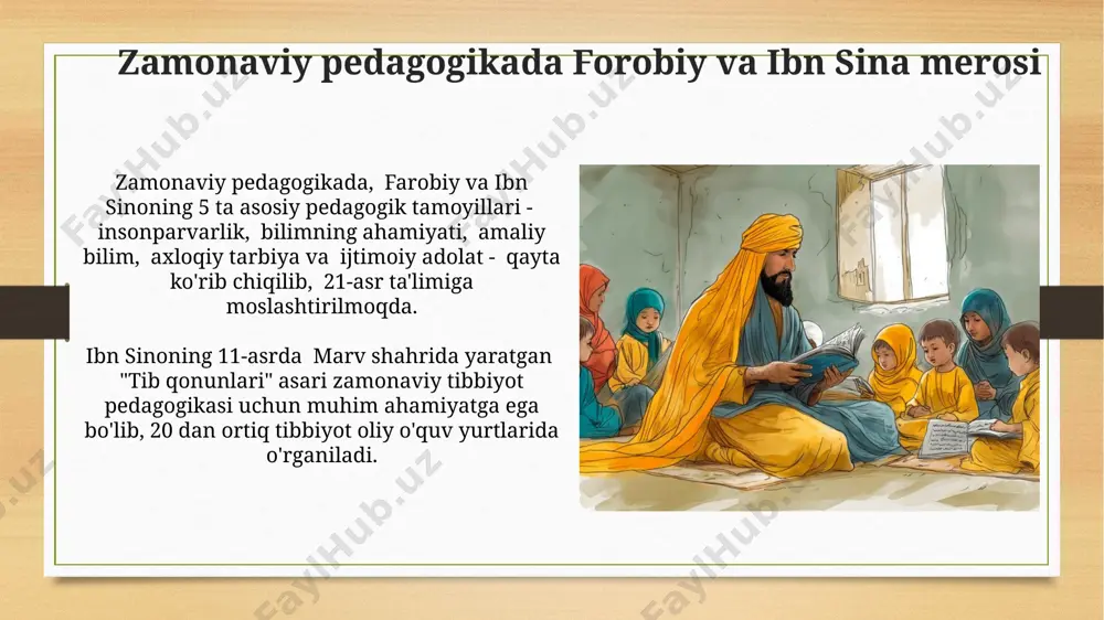 huquqlariga, jumladan, sog'liqni saqlash huquqiga bag'ishlab, davlatning bu boradagi mas'uliyatini ta'kidlagan. ibn sinoning pedagogik qarashlari: umumiy tavsif ibn sinoning pedagogik qarashlari 11-asr buxoro shahrida shakllangan bo'lib, u o'zining "qonun fi tibb" asarida ham tarbiya va ta'lim masalalariga 30 dan ortiq bob ajratgan. ibn sina inson taraqqiyoti uch bosqichdan iborat deb hisoblagan: jismoniy, aqliy va ma'naviy, va har bir bosqichga mos tarbiya usullarini taklif qilgan. ibn sinoning insonga bo'lgan munosabati va tarbiya usullari uning ta'limotida 7 yoshdan 14 yoshgacha bo'lgan bolalar uchun o'yinlar va hikoyalar orqali bilim berish, 14 yoshdan keyin esa mantiqiy fikrlashni rivojlantirishga alohida e'tibor qaratilgan. ibn sino 11-asrda buxoro shahrida tug'ilib, insonni kamolga yetkazishda 3 bosqichli tarbiya tizimini taklif qilgan: jismoniy, aqliy va axloqiy. forobiy va ibn sina pedagogikasi: o'xshashlik va farqlar farobiyning 10-asrda buxoroda shakllangan pedagogik g‘oyalari ibn sinoning 11-asr xorazmda rivojlantirgan tarbiya tizimiga ta’sir ko‘rsatgan, lekin ikkalasi ham mustaqil fikrlash uslubiga ega bo‘lgan. ibn sina, farobiy …