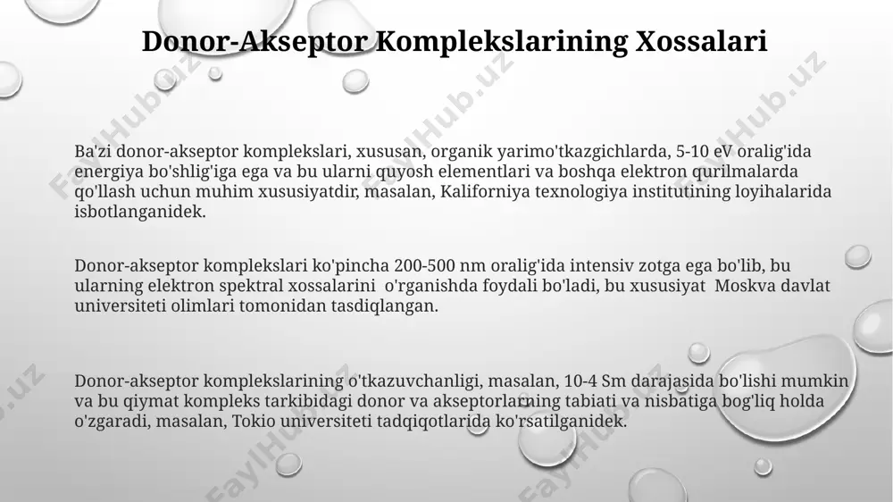 ronlarni beradi, shunday qilib donor-akseptor bog'lanishini hosil qiladi. donor va akseptor molekulalarning xususiyatlari akseptor molekulalar, xususan, 1-guruh metallarining tuzlari (masalan, licl) yoki bor trifloridi (bf3) kabi elektron tanqis bo'lgan turli xil komplekslar bilan 20°c da donorlar bilan kuchli bog'lanish hosil qiladi. donor-akseptor bog'lanish energiyasi turli omillarga, jumladan, donor va akseptor molekulalarning tabiatiga, shuningdek, reaksiya muhitining temperaturasi (masalan, 25°c da suvda) bog'liq bo'lib, 10 dan 100 kj/mol gacha o'zgarib turadi. donor molekulalar, masalan, aminlar (n atomining elektron juftligi tufayli) yoki alkogol (o atomining 2 ta elektron jufti bilan), elektron zichligi yuqori bo'lgan 18-guruh elementlari bilan o'zaro ta'sirlashadi. e'tiboringiz uchun rahmat @taqdimot_robot image1.png image2.png image3.png