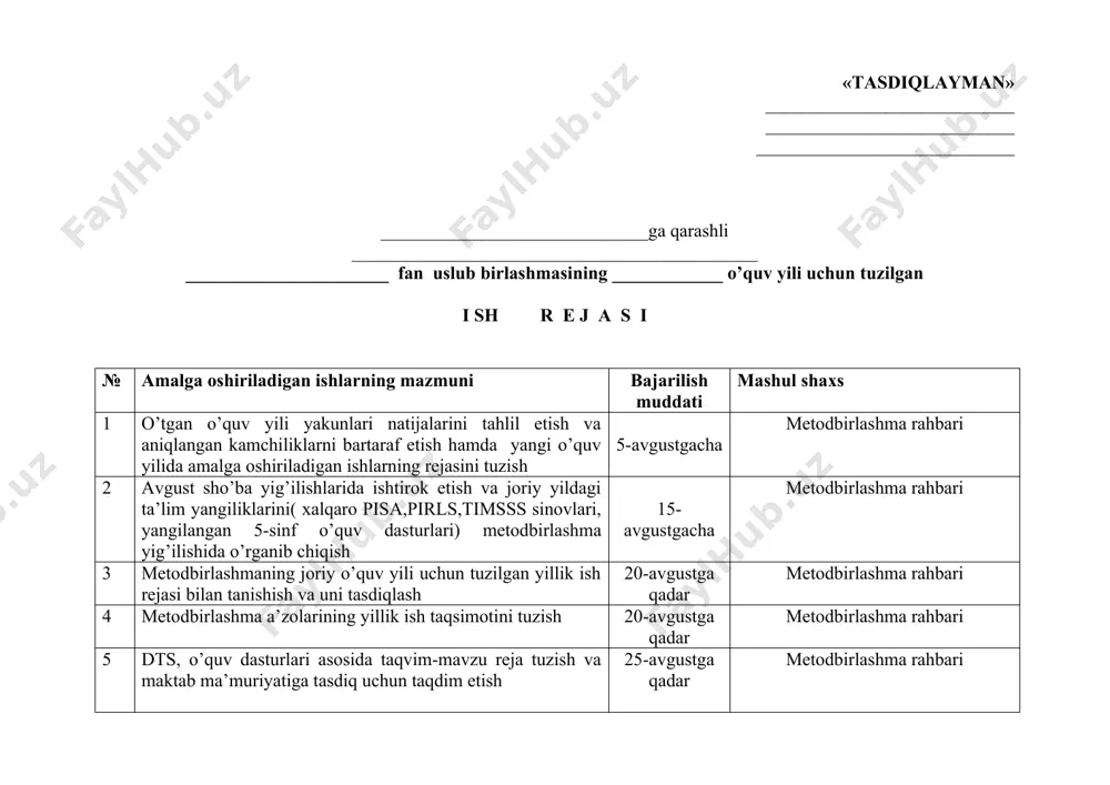 ’quv yili davomida metodbirlashma a’zolari 19 fanlardan tashkil etilgan fan to’garaklariga o’quvchilarni jalb etish va ular bilan olib boriladigan mashg’ulotlarni belgilangan jadval asosida o’tkazib borish o’quv yili davomida metodbirlashma a’zolari 20 shaxsga yo’naltiruvchi, rivojlantiruvchi, tajriba-tadqiqot,jadalashtirish va faollashtiruvchi texnologiyalarni dars jarayonida samarali qo’llanilishi borasida o’quvlar o’tkazib borish har chorak yakunida metodbirlashma rahbari 21 dars jarayonida qo’llaniladigan p‘edagogik texnologiyalar ro’yxatini tuzish va o’qituvchilar tomonidan dars jarayonida samarali qo’llanilishini nazorat qilib borish va bu borada metodik yordamlar tashkil etish o’quv yili davomida metodbirlashma a’zolari 22 mavzular bo’yicha elektron qo’llanmalar( slayd, ishlanma, videodars) bankini yaratish va dars jarayonida samarali qo’llanilishini tashkil etish choraklar kesimida metodbirlashma rahbari 23 fan o’qituvchilarining dars mashg’ulotlarini yuqori saviyada tashkil etish maqsadida o’quvchilarga mavzuga oid qo’shimcha ma’lumotlarni olishda internet, ziyonet tarmoqlaridan foydalanishlarini nazorat qilib borish har chorak yakunida metodbirlashma rahbari 24 ilg’or tajribaga ega, p‘edagogik faoliyatida yuqori sifatli jarayonni tashkil etgan, ijodkor o’qituvchilarni saralab olish hamda ommalashtirish ishlarini tashkil etish …