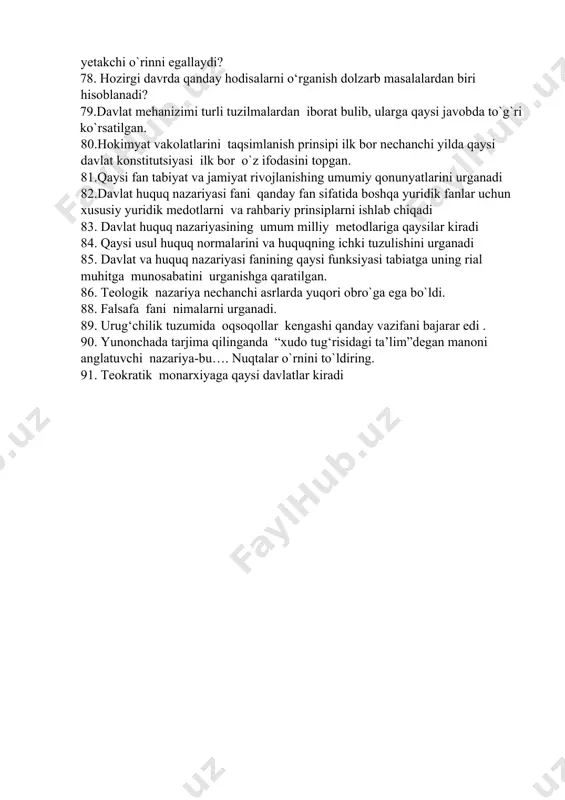 y munosabatlarni davlat tomindan tartibga solish vositasi sifatida amal qiluvchi umummajburiy xulq atvor qoidalari tizimidir. nuqtalar o'rniga mos keluvchi javobni toping? 58.odat qoidasi bo`yicha qanday ma`noni anglatadi? 59. mustaqil davalatlar hamdo'stligi, yevropa ittifoqi, shanxay hamkorlik tashkiloti ishtirokchilar soniga ko'ra qaysi turdagi normativ shartnomaga kiradi? 60. fuqaroning to'liq muomala layoqati qachon vujudga keladi? 61. huquq normasining tarkibiy tuzilishi elementi sifatida gipoteza qanday turlarga boʻlinadi? 62. bola agar uning ota onasi u tugilish vaqtida oʻzbekiston fuqarolari boʻlgan boʻlsalar, bola qayerda tugʻilishidan qat'iy nazar oʻzbekiston fuqarosi boʻladi. ushbu qonun gipotezaning qaysi turiga kiradi? 63. huquqiy tartibga solish uslubiga qarab huquq normalarining qanday guruhlarga boʻlish mumkin? 64. maxsus normalarga nimalar misol boʻladi? 65. “huquqiy ong”ga to`g`ri tarif berilgan qatorni toping? 66. huquqiy ong va huquqiy madaniyat darajasiga qarab huquqiy ong turlari qanday ajratilib ko`rsatiladi? 67. o'z-o'zidan vujudga keladi va insonning shaxsiy tajribasi va huquqiy hodisalar bilan bogʻliq bo'lgan hayotiy vaziyatlar haqidagi tushunchasi bilan belgilanadi. …