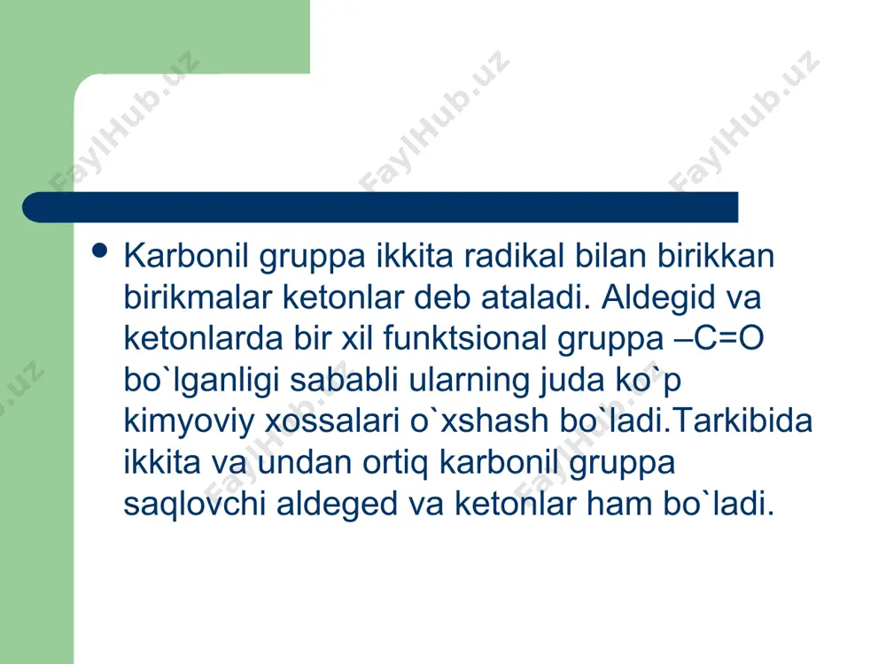 tkir o’yuvchi hidli og’ir bug’i hosil bo’lguncha kuchli qizdiriladi. (ehtiyot bo’lib hidlash kerak.) akroleinnning hidi kuygan yog’ hidiga o’xshaydi. kaliy gidrosulfat kuchli qizdirilganda, u kaliy pirosulfat k2s2o7 ga aylanadi. kaliy pirosulfat glitserindan suv elementlarini tortib olishi natijasida to’yinmagan aldegid- akrolein hosil bo’ladi: ch2oh-choh-ch2oh +khso4  ch2=ch-cho +h2o 7-tajriba. aldegidlarning kumush oksidning ammiakli eritmasi bilan oksidlanishi (kumush ko’zgu reaksiyasi). probirkaga 5 ml 10% li natriy gidroksid solib, 1-2 minut qizdiriladi, keyin ishqor to’kib tashlanadi va probirka distillangan suv bilan chayiladi. tozalangan probirkada kumush oksidning ammiakli eritmasi quyidagicha tayyorlanadi: probirkaga avval 2-3 ml kumush nitratning 1% li eritmasi solinadi va chayqatib turgan holda dastlab hosil bo’lgan cho’kma erib ketguncha 5% li ammiak eritmasi tomchilab qo’shiladi. hosil bo’lgan tiniq eritmaga bir nechta tomchi 5% li formaldegid qo’shiladi va probirkaga 60-700 c suv hammomiga tushirib qizdiriladi. bir necha minutdan keyin probirka devorlarida ko’zgu shaklida kumush ajralib chiqadi. agar probirka yaxshi tozalanmagan bo’lsa, kumush qora …
