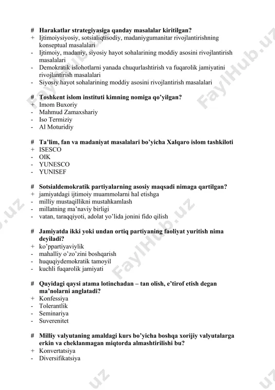 tiq partiyaning faoliyat yuritish nima deyiladi? + ko’ppartiyaviylik - mahalliy o’zo’zini boshqarish - huquqiydemokratik tamoyil - kuchli fuqarolik jamiyati # quyidagi qaysi atama lotinchadan – tan olish, e’tirof etish degan ma’nolarni anglatadi? + konfessiya - tolerantlik - seminariya - suverenitet # milliy valyutaning amaldagi kurs bo’yicha boshqa xorijiy valyutalarga erkin va cheklanmagan miqtorda almashtirilishi bu? + konvertatsiya - diversifikatsiya - aeronavigatsiya - logistika # greko nima? + korrupsiyaga qarshi davlatlar guruhi - harbiy kuchlar birlashmasi - interpol o’rta osiyo birlashmasi - bolqon davlatlari birlashmasi # o’zbekiston qaysi indeks bo’yicha 183-o’rinda turadi? + korrupsiyani nazorat qilish indeksida - so’z erkinligi va hisobdorlik indeksida - normativ sifat indeksida - qonun ustuvorligi indeksida # “transparenky international”ning indeksi qanday indeks hisoblanadi? + korrupsiyani qabul qilish indeksi - sog’liqni saqlash tizimi - qonun ustuvorligi indeksi - aholi yashash darajasi # dotatsiya bu…? + lot. tuhfa - lot. kemada suzish - lot. – bosh, asosiy - …