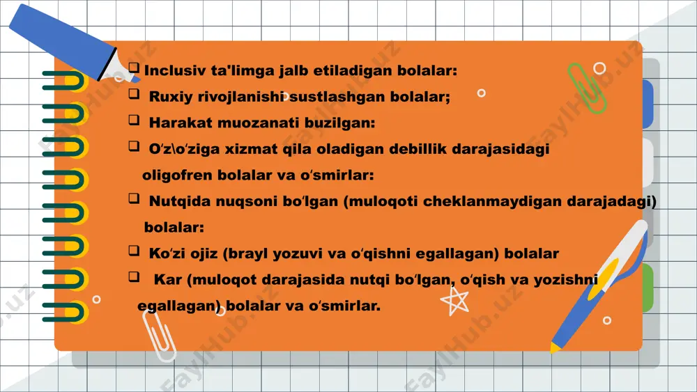 'zaro ta'sir va xulq-atvor muammolariga olib keladi. 2 xususiyatlari autizm belgilari bolalikning ilk yillarida yuzaga keladi va barqaror xarakterga ega. 3 darajalari autizmning uch darajasi mavjud: yengil, o'rtacha va og'ir. 10 cheklangan qiziqishlar va takrorlanadigan harakatlar: ushbu sindromga chalingan bolalar ko'pincha bir xil narsalarni qayta-qayta takrorlab, ba'zi narsalar yoki faoliyat bilan shug'ullanishadi. bu g'ayrioddiy qiziqishlar bo'lishi mumkin, masalan, aylanadigan narsalar yoki tovushlar. nutq va aloqa buzilishi: kanner sindromi bo'lgan bolalarda nutq intonatsiya yoki tarkibda g'ayrioddiy bo'lishi mumkin. ular ekolaliyadan (boshqa odamlarning so'zlari yoki iboralarini takrorlash) foydalanishlari yoki monoton gapirishlari mumkin. sensor sezgirligi: kanner sindromi bo'lgan ko'plab bolalar tovush, yorug'lik, teginish kabi hissiy ogohlantirishlarga nisbatan yuqori yoki past sezgirlikka ega. kanner sindromining asosiy xususiyatlari: ehtiyojlarga e’tibor inkluziv ta'lim o'quvchilarning turli xil ehtiyojlarini qondirish uchun zaruriyliklarga e'tibor qaratadi. inkluziv ta'limning afzalliklari inkluziv ta'lim autizmli o'quvchilarga boshqa o'quvchilar bilan muloqot qilish va o'zaro hamkorlik qilish imkonini beradi. ijtimoiylashuv autizmli o'quvchilarga yo'naltirilgan inkluziv ta'lim …