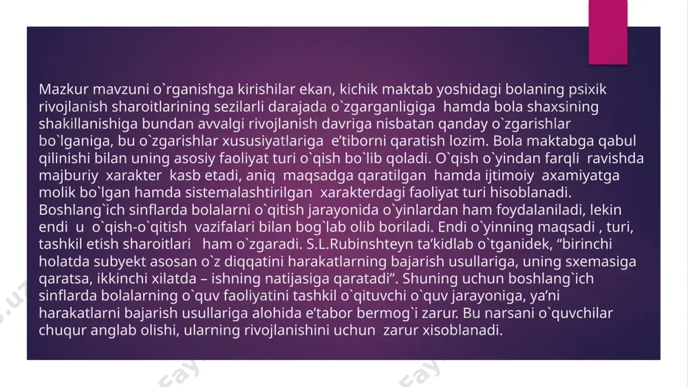 pulsivligi (baxtiyorligi), ularning o`ylamasdan barcha xolatlarni hisobga olmay, bevosita impulslar, mayllar ,tasodifiy sabablar ta’siri ostida darxol harakat qilishga moyilliklarini ko`rsatadi iroda. irodaning umuman yetishmasligi ham yosh xususiyati hisoblanadi.kichik maktab yoshdagi o`quvchi ( xususan 7-8 yoshli bolalar) o`z oldiga qo`ygan maqsadiniuzoq muddat davomida ko`zlab borishni, qiyinchilik va to`siqlarni qatiyat bilan yengishni bilmaydilar. kichik maktab yoshdagi o`quvchi muvaffaqiyatsizlikka uchragan paytda o`z kuchiga va imkoniyatlariga bo`lgan ishonchni yo`qotib qo`yishi mumkin. xissiyot. kichik maktab yoshdagi bolalar juda emitsional bo`ladi. bu davrdagi bolalarning idroklari, kuzatishlari , xayollari, aqliy faoliyati odatda juda emotsiyaga boy bo`ladi. qiziqishlari. maktab ta’limining dastlabki yillarida qiziqishlar, tevarak- atrofni o`rganishga bo`lgan qiziqishlar sezilarli rivojlangan bo`ladi. psixologlarning ta’kidlashiga ko`ra, dastavval ayrim faktlarga, boshqa narsalardan ajratib olingan yolg`iz hodisalarga nisbatan qiziqishlar xosil bo`ladi (i va ii sinflar). undan keyin esa, sabablarni qonuniyatlarni hodisalar o`rtasidagi aloqa vao`zaro bog`liqliklarni bilib olish uchun qiziqishlar rivojlanadi ( iii va iv sinflarda). kichik maktab yoshdagi o`quvchilarning barcha o`qish faoliyati …