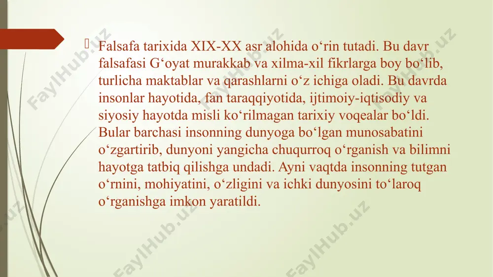 iy tarix falsafasiga ratsionalistik yo’nalishning yorqin namoyandasi sifatida faoliyat ko’rsatdi. uning tarixni o’rganish va tarixiy tafakkur masalalariga bag'ishlangan «falsafaga kirish», «tanqidiy tarix falsafasi», «tarixiy tafakkur o’lchovlari», «sotsiologik tafakkur taraqqiyoti bosqichlari», «taraqqiyot sog'inchi», «demokratiya va totalitarizm» singari asarlari frantsuz tarix falsafasi maktabida butunlay yangi yo’nalishni boshlab berdi. nemis tarix falsafasi. nemis tarix falsafasining yirik namoyandalaridan biri osvald shpenglerdir. u o’zining mashhur «yevropa quyoshining so’nishi» asarida tarix falsafasining o’ziga xos yo’nalishi haqidagi g'oyalarini ilgari suradi. shpengler dunyoni mistik qarashlar orqali anglash, insonning intuitsiyasi, ichki hissiyot va voqelikni xis qila olish imkoniyatlari xususida fikr yuritadi. shpengler xulosasiga ko’ra «qancha odam va madaniyat bo’lsa, shuncha dunyo mavjud. har bir aloxida inson uchun yagona, mustaqil, abadiy dunyo mavjud. dunyoning bunday mavjudligi har bir inson uchun doimiy yangi, bir marta amalga oshadigan, hech qachon qaytarilmaydigan kechinmadir» shunday qilib, g'arb tarix falsafasi xviii asrdan keyin jahon tarixini o’rganishning misli ko’rilmagan metodologik asosini yaratdi. bu bevosita butun ko’lami, …
