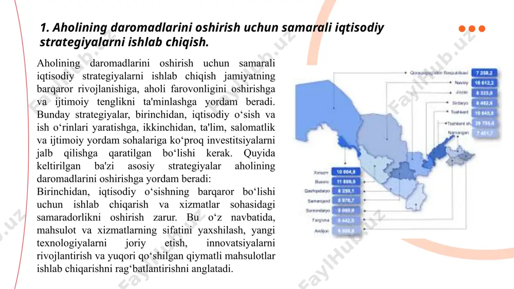 rini oshirish uchun samarali iqtisodiy strategiyalarni ishlab chiqish orqali iqtisodiy o‘sish, ijtimoiy tenglik, yangi ish o‘rinlarini yaratish va ijtimoiy barqarorlikni ta'minlash mumkin. bularning barchasi jamiyatning uzoq muddatli va barqaror rivojlanishiga olib keladi, aholi farovonligini oshiradi va iqtisodiy barqarorlikni ta'minlaydi. ... t.me/slaydai_bot 2. ijtimoiy himoya tizimlarini kuchaytirish va eng zaif guruhlarga yordam berish. ijtimoiy himoya tizimlarini kuchaytirish va eng zaif guruhlarga yordam berish jamiyatdagi ijtimoiy tenglikni ta'minlash, iqtisodiy noqulayliklar bilan kurashish va odamlarning asosiy ehtiyojlarini qondirish uchun zarurdir. ijtimoiy himoya tizimi davlatning ijtimoiy muhofaza choralarini tashkil etuvchi, iqtisodiy va ijtimoiy muammolarni bartaraf etishda muhim vositadir. ushbu tizimni kuchaytirish va eng zaif guruhlarga yordam berishning bir nechta muhim yo‘nalishlari mavjud. ... t.me/slaydai_bot birincisi, davlat tomonidan ijtimoiy yordam dasturlarini kengaytirish. ijtimoiy himoya tizimlarining samarali ishlashi uchun, davlat tomonidan past daromadli oilalar, nogironlar, qariyalar, beva va yolg‘iz keksalar, o‘quvchilar va talabalar kabi zaif guruhlarga mo‘ljallangan yordam dasturlari tashkil etilishi kerak. bu dasturlar orqali sog‘liqni …