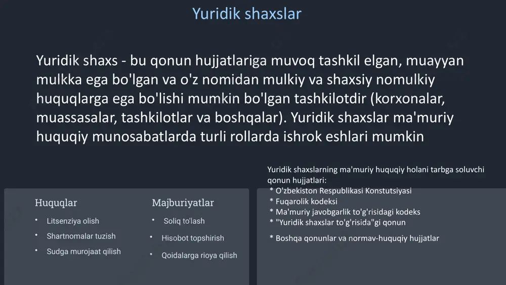 yasi asosida). xalqaro tashkilot vakillari – ayrim maxsus maqomga ega bo‘lishi mumkin. 6 huquq va majburiyatlar oʻzbekiston qonunchiligiga koʻra, chet el fuqarolari quyidagi huquqlarga ega: ✅ shaxsiy xavfsizlik va mulk huquqi ✅ mehnat qilish va tadbirkorlik bilan shug‘ullanish ✅ taʼlim olish va tibbiy xizmatlardan foydalanish ✅ sud va huquqiy himoya huquqi lekin ularning baʼzi majburiyatlari ham bor: ❌ oʻzbekistonga kirish-chiqish va yashash qoidalariga rioya qilish ❌ migratsiya va viza qoidalarini buzmaslik ❌ mahalliy qonunlarga amal qilish 7 javobgarlik 1 jarima 2 ogohlantirish 3 cheklov maʼmuriy huquqbuzarliklar uchun turli jazolar belgilanadi – jarima, ogohlantirish, muayyan faoliyat bilan shug‘ullanish huquqidan mahrum qilish, deportatsiya (chet el fuqarolari uchun). 8 xulosa maʼmuriy huquq subyektlari jamiyatda huquqiy tartibni saqlash va davlat boshqaruvini samarali amalga oshirishda muhim rol o‘ynaydi. har bir subyekt o‘z huquqlarini bilishi, majburiyatlarini bajarishi va qonunlarga rioya qilishi zarur. shu bilan birga, davlat tomonidan ularning huquqlari himoya qilinishi kafolatlanadi. image1.png