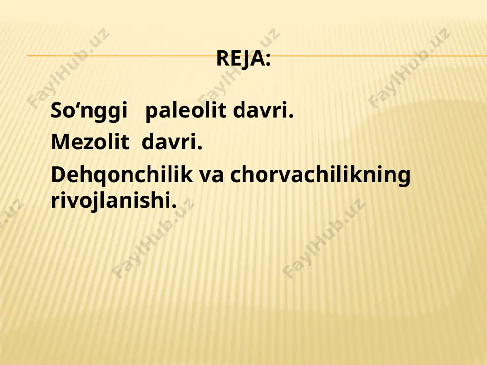 an belgilaydilar. bu davrda qadimgi odamlar mezolit davrida kashf qilingan mayda tosh qurollari – mikrolitlardan foydalanib, toshga ishlov berishning oldin ma’lum bo‘lmagan silliqlash va parmalash usullarini kashf qilishgan. neolit davrida qabilalar o‘troq turmush tarziga o‘tib, doimiy turar joylar qura boshlaganlar. shu davrda paxsadan uylar qurila bosh langan. asta-sekin urug‘ jamoalarining manzilgohlari shakllanib borgan. loydan yasalgan va olovda pishirilgan idishlarni yasash sohasi – kulolchilik, tolalar va jundan kiyim-kechak tayyorlash tarmog‘i – to‘quvchilik neolit davrining muhim kashfi yot va ixtirolaridir. image3.png image4.png image5.png image6.png image7.png image8.png image9.png image10.png image11.png image12.png image13.png image14.png image15.png image16.png image17.png image18.png image19.png /docprops/thumbnail.jpeg