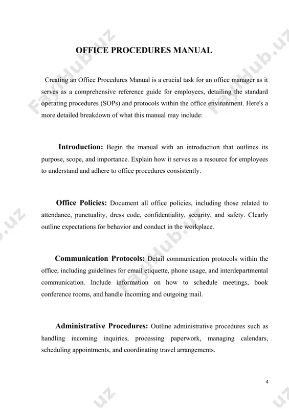 ent employment classifications (full-time, part-time, temporary) and outline the benefits available to employees, such as health insurance, retirement plans, paid time off, and other perks. 6. compensation and payroll: detail the company's compensation structure, including pay periods, overtime policies, bonuses, and salary reviews. provide information on payroll procedures, including how to report hours worked and access pay stubs. 7. work schedule and attendance: clarify expectations regarding work hours, breaks, and attendance. outline procedures for requesting time off, reporting absences, and managing attendance records. 8. performance management: describe the company's performance management process, including performance evaluations, goal setting, feedback mechanisms, and professional development opportunities. 9. health and safety: provide information on workplace health and safety policies, procedures, and resources. cover topics such as emergency procedures, accident reporting, first aid, and ergonomic guidelines. 10. technology and security: explain the company's policies regarding technology usage, including acceptable use of company equipment, internet usage, …