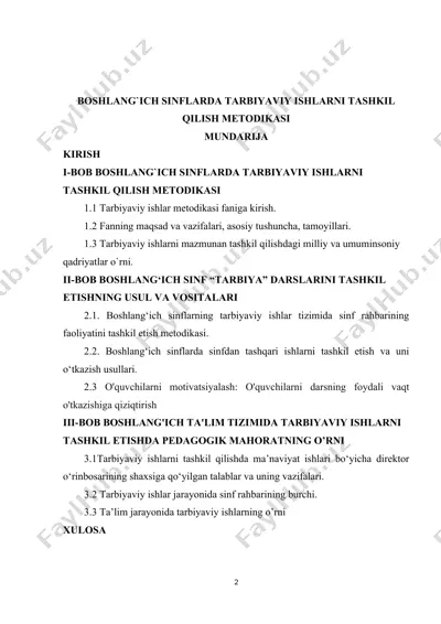 boshlang`ich sinflarda tarbiyaviy ishlarni tashkil qilish metodikasi — DOC