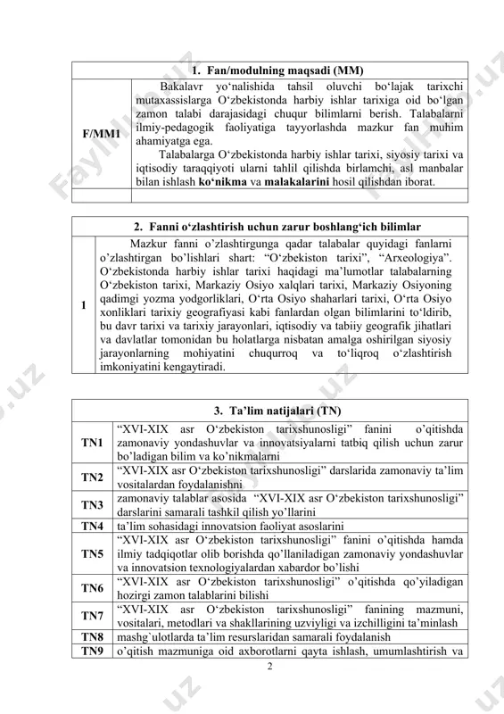 ’lim vositalardan foydalanishni tn3 zamonaviy talablar asosida “xvi-xix asr o‘zbekiston tarixshunosligi” darslarini samarali tashkil qilish yo’llarini tn4 ta’lim sohasidagi innovatsion faoliyat asoslarini tn5 “xvi-xix asr o‘zbekiston tarixshunosligi” fanini o’qitishda hamda ilmiy tadqiqotlar olib borishda qo’llaniladigan zamonaviy yondashuvlar va innovatsion texnologiyalardan xabardor bo’lishi tn6 “xvi-xix asr o‘zbekiston tarixshunosligi” o’qitishda qo’yiladigan hozirgi zamon talablarini bilishi tn7 “xvi-xix asr o‘zbekiston tarixshunosligi” fanining mazmuni, vositalari, metodlari va shakllarining uzviyligi va izchilligini ta’minlash tn8 mashg`ulotlarda ta’lim resurslaridan samarali foydalanish tn9 o’qitish mazmuniga oid axborotlarni qayta ishlash, umumlashtirish va o’quvchilarga еtkazish ko’nikmalariga ega bo’lishi tn10 “xvi-xix asr o‘zbekiston tarixshunosligi” darslarida zamonaviy innovatsion pedagogik texnologiyalarni qo’llash tn11 “xvi-xix asr o‘zbekiston tarixshunosligi” darslariga qo’yiladigan zamonaviy talablar asosida darslarni tashkil etish malakalariga ega bo’lishi tn12 zamonaviy yondashuvlar va innovatsiyalardan kasbiy faoliyatda foydalanish tn13 “xvi-xix asr o‘zbekiston tarixshunosligi” fani bo’yicha olib borilayotgan tadqiqotlaridan xabardor bo’lish va o‘z ilmiy faoliyatida qo‘llay olish 4. fan / modul mazmuni mashg‘ulotlar shakli: ma’ruza (m) …