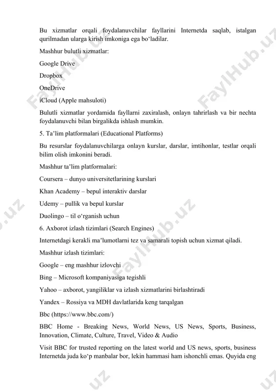tuvchining darsga tayyorgarlik jarayonini yengillashtiradi. 7. hamkorlik va tajriba almashish forumlar, vebinarlar, onlayn konferensiyalar orqali o‘qituvchilar va talabalar bir-birlari bilan fikr almashadilar. bu xalqaro tajriba orttirishga yordam beradi. 8. til o‘rganish imkoniyatlari internetda bepul va pullik til o‘rganish platformalari mavjud (duolingo, bbc learning english, memrise). o‘rganuvchilar tilni eshitish, o‘qish, yozish va gapirish ko‘nikmalarini mustahkamlashadi. internet resurslari taʼlim jarayoniga ko‘plab foydalar keltirgan bo‘lsa-da, baʼzi zararli tomonlari ham mavjud. quyida ularni batafsil ko‘rib chiqamiz: internet resurslarining taʼlim jarayoniga zararli tomonlari 1. ishonchsiz va noto‘g‘ri maʼlumotlar hamma saytlardagi maʼlumotlar ishonchli emas. noto‘g‘ri yoki yolg‘on axborot o‘quvchining tushunchasini buzadi, noto‘g‘ri bilimlar shakllanishi mumkin. 2. eʼtiborning chalg‘ishi o‘quvchi dars vaqtida ijtimoiy tarmoqlar, o‘yinlar yoki boshqa qiziqarli, lekin befoyda saytlar bilan chalg‘ib ketishi mumkin. bu o‘quv jarayoniga salbiy taʼsir ko‘rsatadi. 3. plagiat va mustaqil fikrning pasayishi ko‘p hollarda o‘quvchilar topshiriqlarni internetdan to‘liq ko‘chirib oladi. bu ularning mustaqil fikrlashi, yozuv ko‘nikmasi va ijodkorligini rivojlantirmaydi. 4. sog‘liqqa salbiy …