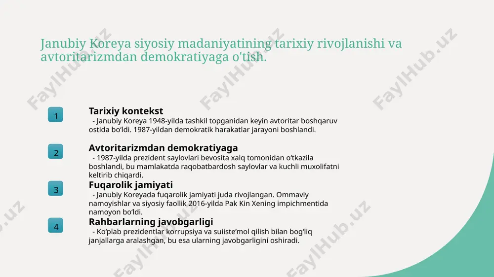 o'z malakalari va ta'lim darajasiga mos ish o'rinlarini topishda qiyinchiliklarga duch kelmoqda. 4 iqtisodiy siyosat hozirgi vaqtda hukumat ijtimoiy tengsizlikni kamaytirish maqsadida iqtisodiy siyosatni takomillashtirish ustida ishlamoqda, shu jumladan, ish o'rinlarini yaratish. madaniy meros va zamonaviylik: janubiy koreya san'ati va an'analarining o'zaro ta'siri. 1 madaniy meros - janubiy koreya madaniy merosi asrlar davomida shakllangan bo'lib, an'anaviy san'at, musiqalar va raqslar orqali ifodalanadi. 2 zamonaviy san'at - zamonaviy san'at janubiy koreyada global tendensiyalar bilan birga rivojlanmoqda, raqamli san'at va ko‘rgazmalar keng tarqalmoqda. 3 an'analar va yangi g'oyalar - an'anaviy va zamonaviy san’at o'rtasida muloqot mavjud. ular bir-birini to‘ldiradi, yangi tendensiyalarni yaratadi, madaniy muvozanatni ta'minlaydi. 4 ijtimoiy ta'sir - san'at, an'analar va zamonaviylik janubiy koreya jamiyatida muhim rol o'ynaydi, madaniy identitet va ijtimoiy birlashuvni mustahkamlashga yordam beradi. ijtimoiy harakatlar va fuqarolik faolligi: janubiy koreyada yoshlar o'rni. 1 yoshlarning roli janubiy koreyada yoshlar siyosiy harakatlarda muhim o‘rin egallaydi. ular ko‘plab ommaviy namoyishlarda ishtirok …