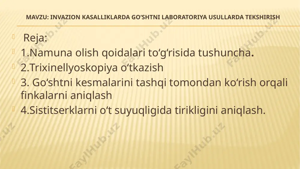 barmoq ichakka o’tadi. lichinka o’n ikki barmoqli ichakka o’tgandan 2 kundan keyin yetilgan formaga aylanadi. trixinellalar bir jinsli bo’lib, urg’ochisini uzunligi 3-4 mm, erkaginiki 1,5-1.9 mm. urg’ochisi urug’langandan so’ng 6-7 kundan so’ng tirik lichinka tug’a boshlaydi. trixinellalar o’z rivojlanish davrida o’zidan turli zaxarlar ajratishi natijasida ular joylashgan muskul tolalari tuzilishi buzilib tugunchalar hosil bo’ladi. muskul tolalarida zaxarli moddalarni yig’ilishi va bu moddalarni go’shtga termik ishlov berilganda ham o’zgarmasdan qolishligi , go’sht maxsulotini odamlar uchun zaxarli bo’lishliligiga sabab bo’ladi. tirixinellalar silliq muskul va yurak muskuli hamda parenximatoz organlarida rivojlana olmaydi. muskul tolasi sarkolemmasi ostida joylashgandan so’ng, lichinkalar spiralsimon buralgan parazitga aylanadi va 3-9 xafta ichida kapsula bilan o’raladi. kapsula limon, shisha, ovalsimon va yumoloq shakilda bo’lib, ichki bo’shlig’i tiniq suyuqlik bilan to’lgan, ichida 1-3 tagacha parazit sipiralsimon xolda joylashgan bo’ladi. kattaroq kapsulalarni ichki diametri 0.2 mm gacha bo’ladi. shuning uchun muskul tolasini ingichka kesmasini mikraskop ostida 50-75 marta kattalashtirilganda trixinellalar yaxshi …