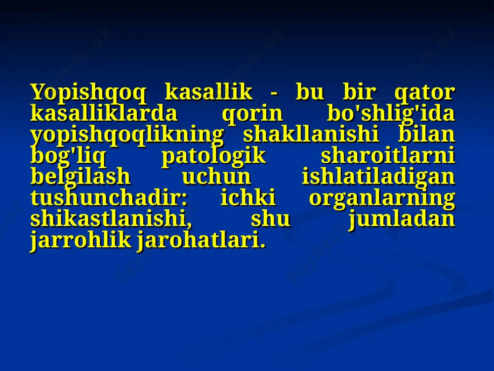 yoviy moddalar chet jismlar ichak parezi qorin bo'shlig'ining to'mtoq travması mahalliy to'qimalar ishemiyasi qorin bo'shlig'i organlarining yallig'lanish kasalliklari tug'ma bitishmalar (len ligamenti, jekson membranasi) etiologiyasi qorin bo'shlig'ining penetran yaralari (ayniqsa o'q jarohatlari) ichak tutilishi teshilgan yara ektopik homiladorlik, genital jarrohlik xoletsistektomiya oshqozon rezektsiyasi appendektomiya * patogenezi hozirgi vaqtda yopishqoqlik tendentsiyasining kuchayishining asosiy sababi peritonning yallig'lanishi paytida autoimmun komponentning mavjudligi hisoblanadi. ikkinchi sabab - ekzoantigenlar tomonidan tananing sensibilizatsiyasi. etiologik omillar → qorin pardaning aseptik yallig'lanishi → ekssudatsiya → tromboplastin → fibrin yo'qolishi → 1-2 soatdan keyin seroz yuzalarni yopishtirish patogenezi yallig'lanishga otoimmun yoki allergik komponent qo'shilsa, qorin parda fibrinolitik faolligini yo'qotadi, fibrinoblastlar fibringa joylashadi, 5-kundan mezoteliositlar paydo bo'ladi, 21-kuni esa bitishmalar paydo bo'ladi.. patogenezi klassifikatsiyasi (morris, 1912) chandiq tug`ma ortirilgan operatsiyasdan keyingi yallig`lanishdan keyingi сращения врожденные приобретенные послеоперационные воспалительные makroskopik ko'rinishga ko'ra bitishmalar tasnifi(а.о. верешинский, 1925) planar membranali kordon shaklida traktsiya omental tarqalishi bo'yicha bitishmalar tasnifi cheklangan yoki bitta bir nechta …