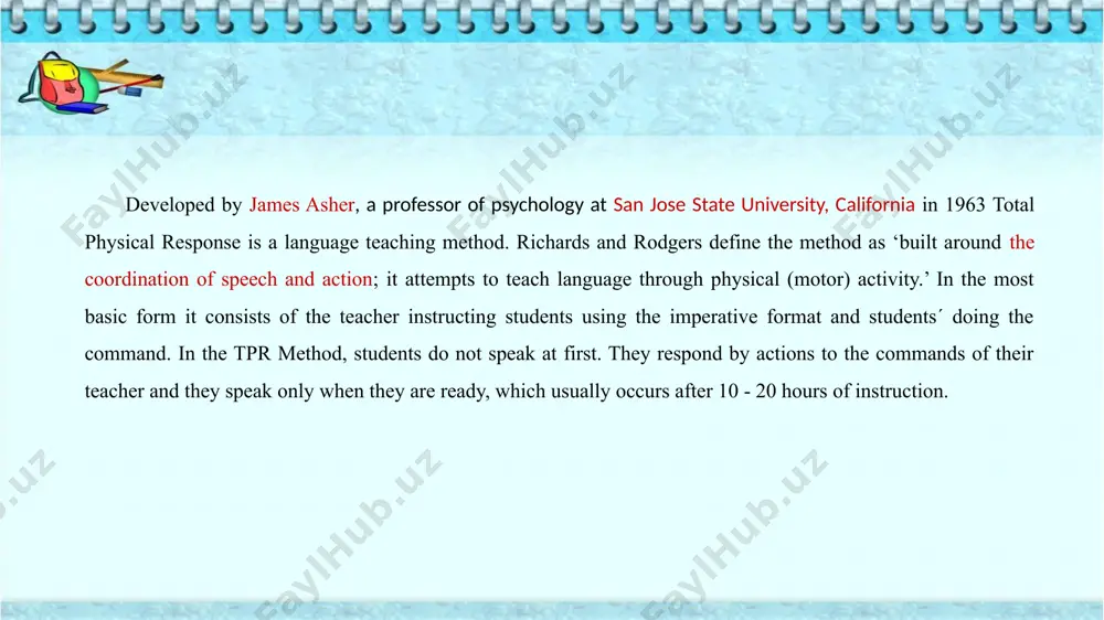 text. students are expected to make errors at the beginning and they should not be frustrated by them. major mistakes are corrected first. 1. bioprogram there exists a specific innate bio program for language learning, which defines an optional path for first and second language development. the brain and the nervous system are biologically programmed to acquire language in a particular sequence and in a particular mode. the sequence is listening before speaking and the mode is to synchronize language with the individual’s body (asher, 1988: 4). children or learners, therefore, should first internalize a cognitive map of the target language through listening exercises and listening should be accompanied by physical movement; speaking skill then comes later. 2. brain- lateralization brain lateralization is the divisions of functions within the brain different learning function in the left brain hemispheres. children acquire language through motor movement (right brain activity) then it is …