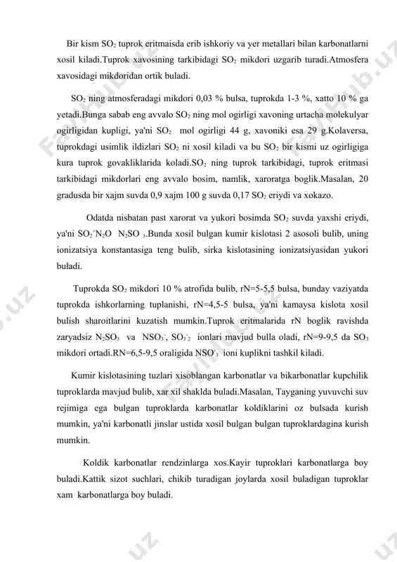 ldan janubga tomon yurganda karbonatlarning psevdomitsellasi kuvvatli tipik tuproklarda birinchi marotaba kurinadi. keyinrok, ya'ni janubrokda tipik kora tuproklarda ok donachalar shaklida mavjud buladi.yana xam janubrokda karbonatlar tuprokning eng ustki kavatlaridan chukur katlamlarigacha mavjud bulla oladi.tuprokdagi karbonatlar ichida eng kup mikdorni kalsiy (saso3) tashkil kiladi.xuddi shu kabi tarkibga ega bulgan boshka karbonatlar aragonit va lyubkinit tarkalgan. uzbekiston sharoitida kuguchkov tomonidan magniy karbonatli shurlanish tipii samarkand viloyati tuproklarida aniklangan. keyinchalik p.besedin, k.shodmonov, g.yuldashev va v.isakovlar tomonidan fargona vodiysining utlogi, karimboev tomonidan buz kungir tuproklarda xam magniy karbonat mikdorining nisbatan kupligi aniklangan. kuguchkov (1953) ma'lumotlariga kura, tuproklarda kalsiy karbonat 15-42 foiz, magniy karbonat 6-16 foiz ni tashkil kilib, magniy karbonatning yukori kursatkichli 0-40 sm. ga, kalsiy karbonatniki esa 70-80 sm ga tugri keladi. v.isakov ma'lumotlariga kura markaziy fargonaning arzik-shukli tuproklarida magniy karbonat 0,7-3 foiz oraliklarida tarkalgan. sodali shurlangan tuproklarda kumir kislotasining natriy tuzlaridan soda, trona va boshkalarda kuprok buladi.bu kabi tuzlar xar xil …