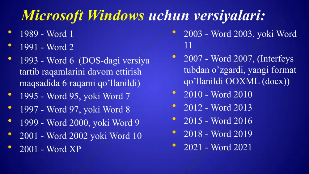 sizga jozibali kontent yaratishga imkon beradi va unga hammualliflik, shuningdek, office premium creative content to'plamidan yangi aktsiyali media va spot eraser, ruler va lasso kabi qo'shimchalar qo'shadi.agar siz windows uchun word 2019 -dan windows -ga word 2021 -ni yangilasangiz, yangi versiya siz o'rgangan barcha xususiyatlarni saqlab qoladi va bir nechta yangilar bo'ladi! microsoft word dasturidan foydalaishda qo‘llaniladigan klaviatura tugmalar va tugmalar juftliklari. vazifa bajarish usuli bir so‘z chapga o‘tish ctrl+ satr oxiriga o‘tish end satr boshiga o‘tish home bir sahifa yuqoriga o‘tish page up bir sahifa pastga o‘tish page down hujjat boshiga o‘tish ctrl+home hujjat oxiriga o‘tish ctrl+end abzast boshiga o‘tish ctrl+yuqori yo’nalish tugmasi abzast oxiriga o‘tish ctrl+pastki yo’nalish tugmasi microsoft word dasturidan foydalaishda qo‘llaniladigan klaviatura tugmalar va tugmalar juftliklari. tugma va tugmalar juftliklari vazifasi f1 dastur ma’lumotnoma tizimiga murojaat shift+f12 xotirada saqlash (сохранить) ctrl+s xotirada saqlash (сохранить) ctrl+c almashinuv buferiga nusxa olish (копировать) ctrl+insert almashinuv buferiga nusxa olish (копировать) …