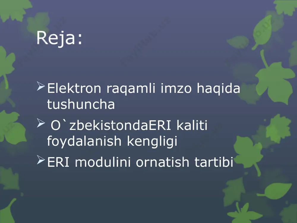 t o‘zaro hamkorligi sub’ektlarining elektron raqamli imzo kalitlarini boshqarish tizimini yaratish. o`zbekistondaeri kaliti foydalanish kengligi o‘zbekiston respublikasining 2017 yil 11 sentyabrdagi o‘rq-445-sonli “jismoniy va yuridik shaxslarning murojaatlari to‘g‘risida”, gi qonuniga asosan elektron raqamli imzo elektron hujjatni imzolagan shaxsni identifikatsiyalash uchun mo‘ljallangan bo‘lib, qo‘lda qo‘yilgan imzoning to‘kis analogi hisoblanadi hamda elektron hujjatda aks ettirilgan axborotning o‘zgartirilmasligi va avtorlikni tasdiqlash uchun qo‘llaniladi. shuningdek, “jismoniy va yuridik shaxslarning murojaatlari to‘g‘risida”gi o‘zbekiston respublikasi qonunlariga muvofiq, elektron raqamli imzo bilan tasdiqlanmagan murojaatlar anonim murojaatlar deb hisoblanadi. 2-rasm. yagona interaktiv davlat xizmatlardan foydalanib elektron raqamli imzoni olish eri kalitni qanday olish mumkin? elektron raqamli imzo kalitlarini ro‘yxatga olish va elektron raqamli imzo kaliti sertifikatlarini berish o‘zbekiston respublikasi vazirlar mahkamasining 2018 yil 10 maydagi 348sonli qarori asosida o‘zbekiston respublikasi davlat soliq qo‘mitasi huzuridagi “yangi texnologiyalar” ilmiy-axborot markazi tomonidan davlat xizmatlari markazlari orqali amalga oshiriladi. elektron raqamli imzo kaliti sertifikatlarini olish uchun belgilangan tartibda so‘rovnoma to‘ldiriladi. so‘rovnomani davlat …