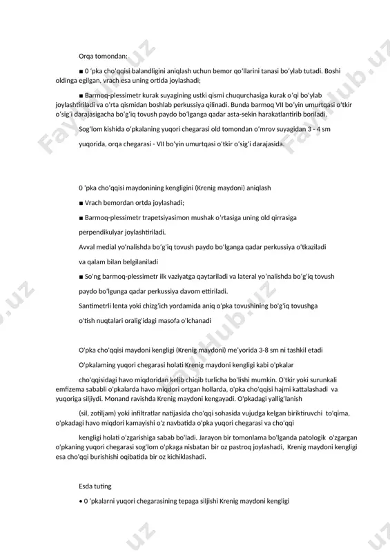 ib chiqib turlicha bo'lishi mumkin. o'tkir yoki surunkali emfizema sababli o'pkalarda havo miqdori ortgan hollarda, o'pka cho'qqisi hajmi kattalashadi va yuqoriga siljiydi. monand ravishda krenig maydoni kengayadi. o'pkadagi yallig'lanish (sil, zotiljam) yoki infiltratlar natijasida cho'qqi sohasida vujudga kelgan biriktiruvchi to'qima, o'pkadagi havo miqdori kamayishi o'z navbatida o'pka yuqori chegarasi va cho'qqi kengligi holati o'zgarishiga sabab bo'ladi. jarayon bir tomonlama bo'lganda patologik o'zgargan o'pkaning yuqori chegarasi sog'lom o'pkaga nisbatan bir oz pastroq joylashadi, krenig maydoni kengligi esa cho'qqi burishishi oqibatida bir oz kichiklashadi. esda tuting • 0 ‘pkalarni yuqori chegarasining tepaga siljishi krenig maydoni kengligi kattalashganidan dalolat beradi: - o'pkalarda havo miqdori ortganligi (o'pka emfizemasi). • 0 ‘pkalarni yuqori chegarasining pastga siljishi krenig maydoni chegarasining kichiklashganidan dalolat beradi: - o'pka to'qimasida havo miqdori kamayganligi (o'pka cho'qqisida yallig'lanish, sil, zotiljam, infiltrat yoki biriktiruvchi to'qima mavjudligi). 18. yurak mintaqasida titrashi. klinik ahamiyati. 19. kasallik tarixiga nimalar kiradi. hamma biladi!!! 20. plevra suyuqligining tabiati. …