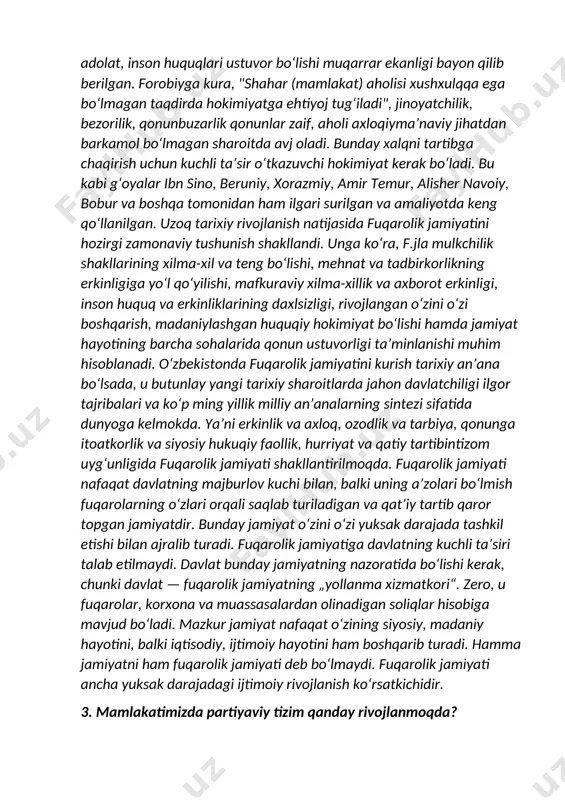 xloq, madaniyat va maʼnaviyatning huquq bilan uygʻunlashgan, feʼlatvor, xattiharakatlar va qoidameʼyorlarning uzviy uygʻunlashgan shakli bilan bogʻliq. jumladan, eng qad. madaniy tarixiyhuquqiy yodgorlik — avestoda kishilarning uyushib yashashi, oʻzaro munosabatlar va aloqalarning axloq va meʼyorlarga tayanishi kabi gʻoyalar ilgari surilgan. bunda oʻzoʻzidan jamiyatda qonun ustuvorligiga erishish, jamiyatni shaxs tomonidan emas, qonun boshqarishi kabi fuqarolik jamiyatining ilk belgilari namoyon boʻlgan. forobiyning "fozil odamlar shahri" asarida mamlakatni boshqarishda adolatli qonun zarurligi, faol fuqarolik jamiyatini shakllantirish mohiyati chuqur tahlil etilgan. qonunlari mukammal boʻlgan mamlakatda adolat, inson huquqlari ustuvor boʻlishi muqarrar ekanligi bayon qilib berilgan. forobiyga kura, "shahar (mamlakat) aholisi xushxulqqa ega boʻlmagan taqdirda hokimiyatga ehtiyoj tugʻiladi", jinoyatchilik, bezorilik, qonunbuzarlik qonunlar zaif, aholi axloqiymaʼnaviy jihatdan barkamol boʻlmagan sharoitda avj oladi. bunday xalqni tartibga chaqirish uchun kuchli taʼsir oʻtkazuvchi hokimiyat kerak boʻladi. bu kabi gʻoyalar ibn sino, beruniy, xorazmiy, amir temur, alisher navoiy, bobur va boshqa tomonidan ham ilgari surilgan va amaliyotda keng qoʻllanilgan. uzoq tarixiy …