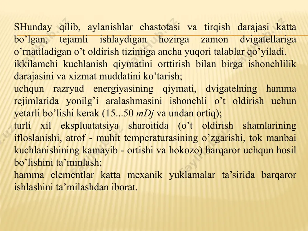 ijada tranzistor bir marta ochilib, bir marta yopiladi, ya’ni o’t oldirish g’altagida yuqori kuchlanishning bir impulsi hosil bo’ladi. ko’p tsilindirli dvigatellarda uchun datchikning juft magnit qutublar soni, tsilindrlar soniga teng bo’lishi kerak. magnitoelektr datchik ishlashini o’ziga xos tomonlaridan biri, stator chulg’amida hosil bo’lgan eyuk amplitudasi doimiy magnitni, ya’ni tirsakli valning aylanishlar chastotasiga bog’liqligidir. aylanishlar chastotasi ortishi bilan eyuk amplitudasi ham ortadi. bu esa tranzistorni ochilish va yopilish (a1 va a2 burchaklar) va o’t oldirish vaqtini o’zgartirishga olib keladi. kontaktsiz o’t oldirish tizimida boshqa turdagi datchiklar ishlatiladi: yuqori chastotali generator, parametrik, fotodatchik, pezodatchik, yarim o’tkazgichli datchik va boshqalar. yuqori chastotali generator-datchiklar boshqiruvchi signal yuqori chastotali kuchlanishni o’zgartirish yo’li bilan hosil qilinadi. generator ishlab chiqqan kuchlanish transformatorning birlamchi chulg’amiga uzatiladi. transformatorning ikkilamchi chulg’amida hosil bo’ladigan kuchlanish birlamchi va ikkilamchi chulg’am o’zaklari orasidagi havo tirqishining magnit qarshiligiga bog’liq. bu magnit qarshilik dvigatel tsilindrlar soniga teng teshiklarga ega bo’lgan po’lat rotor yordamida davriy ravishda …
