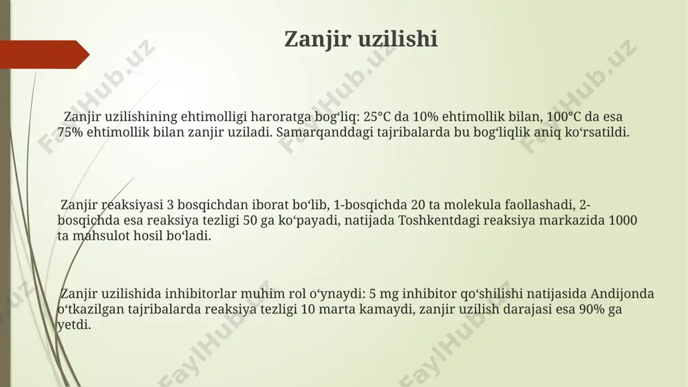 avsiflanadi va bu reaksiya tezligini eksponent ravishda oshiradi, masalan, metall yuzasida 1000 ga yaqin reaktsiyaga sabab boʻladi. uchinchi bosqich – zanjir reaksiyasining toʻxtashi – 2 yoki undan ortiq aktiv markazlarning oʻzaro ta’siri natijasida yuz beradi, masalan, ikki gidroksil radikalining suv va kislorod molekulalarini hosil qilish uchun birikishi, bu reaksiya 100-200 ms ichida sodir boʻladi. to'xtash bosqichi to'xtash bosqichida zanjir reaksiyasi 10 -3 sekund ichida tugaydi va bu jarayon 25°c haroratda, masalan, toshkent sharoitida kuzatiladi. to'xtash bosqichiga yetguncha, zanjir reaksiyasi 10 6 dan ortiq molekulalarni o'z ichiga oladi va reaksiya tezligi 10 -2 mol/l·s ga yetishi mumkin, masalan, samarqanddagi tajribalarda aniqlangan. to'xtash bosqichining davomiyligi reaksiya ishtirokchilari konsentratsiyasiga va 20-30 kpa bosimga bog'liq bo'lib, bu andijon shahridagi eksperimentlarda tasdiqlangan. boshlanish bosqichi boshlanish bosqichining tezligi, xususan, 300 k dan yuqori haroratlarda, reaktantlar konsentratsiyasi va faollashtirish energiyasi bilan bevosita bog'liq, bu esa moskva shahrida o'tkazilgan tadqiqotlar natijalarida tasdiqlangan. boshlanish bosqichi, masalan, 200°c da 1-butan …