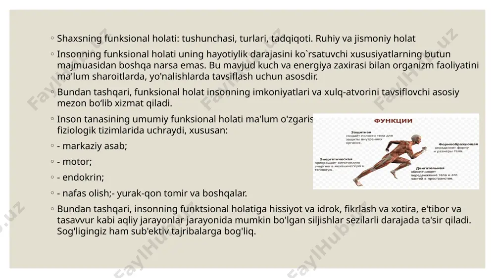 ezovtalanishi mumkin. bunday holda, charchoq tanada to'planadi va dinamik mos kelmaslik bilan bog'liq bo'lgan holat paydo bo'ladi. shu bilan birga, istalgan natijaga erishish uchun odam zarur bo'lganidan oshib ketadigan harakatlar qilishga majbur bo'ladi. tibbiyot muassasalariga murojaat qilganda, mutaxassis tomonidan bemorning funktsional holatini baholash tekshiruv ma'lumotlari, so'rov, laboratoriya va boshqa ma'lumotlar asosida amalga oshiriladi.tadqiqot. ba'zida bunday hodisalar jarrohlik amaliyotini o'tkazishi kerak bo'lgan bemorlarga nisbatan amalga oshiriladi. bunday holda, insonning funktsional holatini aniqlaydigan keng qamrovli tadqiqotlar o'tkaziladi. shu bilan birga, bemorning shikoyatlari va uning anatomik ma'lumotlari, shuningdek, quyidagi ma'lumotlarni o'z ichiga olgan klinik tekshiruv natijalari ko'rib chiqiladi: - qon bosimi; - yurak urishi; - tana vaznining kamayishi yoki ortishi;- shishning mavjudligi va boshqalar. organizmning funksional holatini o'rganish qanday boshlanadi? uning yurak va qon tomirlarining ishini baholash bilan. va bu ajablanarli emas. yurak-qon tomir tizimining normal funktsional holati inson tanasining har bir hujayrasiga kislorod yetkazib berish imkonini beradi. bu butun tananing normal ishlashiga …