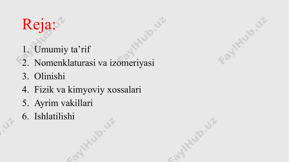 solishtirma zichligi ortib boradi. aminlarning fizik xossalari nomi suyuqlanish temperaturasi ⁰ c qaynash temperaturasi ⁰ c d420 metilamin -92 -7 - etilamin -83 17 0,706 n-propilamin -81 48 0,741 n-butilamin -51 78 0,764 n-dodesilamin 28 249 - kimyoviy xossalari aminlarorganik asoslar bo’lib, ularning suvli eritmalari lakmus qog'ozni ko’kartiradi. ayniqsa, to'yingan uglevodorodlarning aminlari ammiakka nisbatan kuchli asoslardir. chunki ular suvli eritmada kuchli dissotsilanadi va natijada eritmada yuqori konsentratsiyali gidroksil ionlari hosil bo'ladi: (ch3)2nh + h2o = [(ch3)2nh2]+oh [(ch3)2nh2]+ + oh- dimetilammoniy gidroksid aminlarning bu xususiyatini ammiak va ayrim aminlarning elektrolitik dissotsilanish konstantalarida ko’rish mumkin: ammiak 1,79 • 10-5 metilamin 4,39 • 10-4 dimetilamin 5,20 • 10-4 trimetilamin 5,45 • 10-4 etilamin 5,60 • 10-4 aminlarga kislota tasir ettirib tuzlar olinadi: ch3nh2 + hcl = ch3nh2 • hcl nitrit kislotaning ta’siri: bu reaksiya natijasida aminlarning tuzilish qismi aniqlanadi, chunki nitrit kislota ta’sirida hosil bo’layotgan moddalarga qarab, aminlarni birlamchi, ikkilamchi va uchlamchi ekanligi …