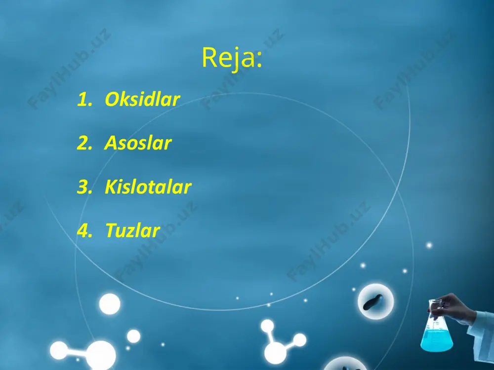 d tuzlar: , ca(oh)cl, , . 4. qo‘shaloq tuzlar (qo‘sh tuzlar): ikki xil metall va 1 ta kislota qoldig‘idan tashkil topgan tuzlar. bunday tuzlar ichida amaliy ahamiyatga ega bo‘lganlari achchiqtoshlardir: , . 5. aralash tuzlar: bir xil metall va ikki xil kislota qoldig‘idan hosil bo‘lgan tuzlar aralash tuzlar deyiladi: caclocl (yoki ). image2.jpeg image3.png image4.png image5.png image6.png image7.png image8.png image7.jpeg image8.jpeg image9.jpeg image10.jpeg image13.png image11.jpeg image12.jpeg image14.png image17.png image18.png image19.png image20.png image21.png image15.jpeg image16.jpeg image17.jpeg image22.png image26.png image23.jpeg image28.png image24.png image30.png image25.png image25.jpeg image27.png image28.jpeg image29.jpeg image31.png image30.jpeg image31.jpeg image34.png image32.jpeg image33.jpeg image1.jpeg chemistry laboratory equipment, test tubes /docprops/thumbnail.jpeg