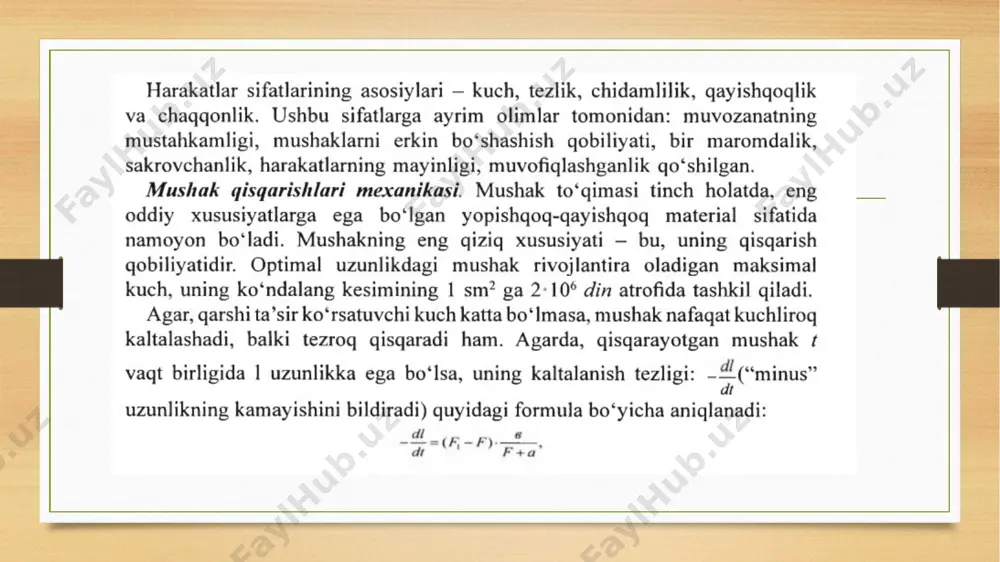 i ajratiladi. birinchi bosqich - harakatni dastlabki o‘rganish (texnikani umumiy, “qo‘pol” shaklda qayta bajarish ishlab chiqiladi). ikkinchi bosqich — harakatni (harakatlarni) chuqur, detallashtirilgan holda o‘rganish. uchinchi bosqich - harakatlar ko‘nikmasini keyinchalik mukammallashtirish. sport amaliyotida harakat ko‘nikmasini o‘rgatish va trenirovkasi, sportchining yoshi, jinsi va texnik tayyorgarligi, muvofiqlashganligi, egiluvchanligini hisobga olgan holda bir xil tipdagi harakatlarni (mashqlarni) ko‘p marta qaytarishni nazarda tutadi. mavzu: siljituvchi harakatlar reja: asosiy tushunchalar va talablar sport snaryadlarini uchishi snaryadni aylanishi va havoni qarshiligi siljituvchi harakatlarda tezlik biomexanikada siljituvchi harakatlar deb vazifasi biron-bir jismni (snaryadni, koptokni, raqibni, sherikni) siljitish bo‘lgan harakatlarga aytiladi. siljituvchi harakatlar juda ham turli - tumandir. sportda bunga misollar sifatida uloqtirishlar, koptokka zarba berishlar, akrobatikada sherikni uloqtirishlar va shu singarilarni keltirish mumkin. sportdagi siljituvchi harakatlarga, odatda, quyidagi maksimal kattaliklarga erishish talabi qo‘yiladi: a) ta’sir kuchi (shtangani ko‘tarishda), b) siljiyotgan jismning tezligi (uloqtirishlarda), v) aniqlik (basketbolda jarima to‘pi tashlashlari). bu talablar (masalan, tezlik va aniqlik) birgalikda …