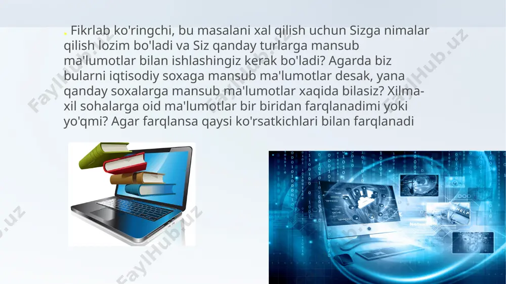 arab juda ko'p axborot turlari mavjud. ulardan muhimi iqtisodiy axborotlardir. bizning atrofimizdagi muhitda informatsiyaning turli-tuman turlari mavjud bo'lib, biz ularni bir-biridan farqlashni bilishimiz va ularni tasniflay olishimiz kerak. bu bilimlar bizga axborot texnologiyalarini muvaffaqiyatli ravishda joriy qilishga xamda programmaviy-texnik vositalardan optimal foydalanishda katta yordam beradi. axborot texnologiyalarini joriy qilash maqsadida informatsiyani tasniflash va guruxlarga ajratish muammosini to'g'ri xal etish uchun kompyuterlashtirilayotgan ob'ektni chuqur o'rganish va uni boshqaruv jarayoni bilan bog'lash lozim bo'ladi. agar siz biror bir tashkilot xizmatchisi bo'lsangiz va sizning zimmangizga undagi barcha axborot turlarini aniqlash topshirilgan bo'lsa, axborotlarni qanday guruxlarga bo'lgan bo'lardingiz, ya'ni uni qanday tasniflardingiz? axborotlarga o'z ahamiyati bilan tez-tez o'zgarib turadigan ma'lumotlarni (masalan, biror bir mahsulotni ishlab chiqarish sur'ati, korxona va xo'jaliklarda mahsulotlarning ishlab chiqarish texnika-iqtisodiy ko'rsatkichlari, paxtaning kunlik terim sur'ati) kiritish mumkin. shuni aytish kerakki, maromlilik davrini vaqt oralig'i mezoni (masalan, oy, yil, kvartal) bilan belgilab olish kerak. iqtisodiy axborotlarni to'g'ri tasniflash katta ahamiyatga ega. …