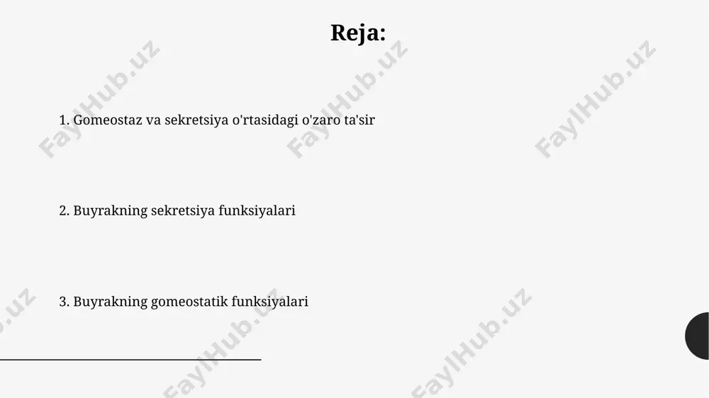 orqali qonning ph qiymatini regulyatsiya qiladi, bu jarayonlarda proximal va distal buyrak naychalari ishtirok etadi. buyraklar qonning ph darajasini 7,35 dan 7,45 gacha boʻlgan tor diapazonda saqlashda muhim rol oʻynaydi, bu kislota-ishqor muvozanatini tartibga solishda muhimdir. eritropoetin eritropoetin buyrakning peritubulyar kapillyarlaridagi maxsus hujayralar — peritubulyar fibroblashlar tomonidan ishlab chiqariladi va qon hujayralari, xususan eritrotsitlarning hosil bo'lishini 300% ga oshirishi mumkin. buyrak shikastlanganda, masalan, surunkali buyrak yetishmovchiligida eritropoetin ishlab chiqarilishi sezilarli darajada kamayadi, bu esa anemiya rivojlanishiga olib keladi, qon gematokriti 30% dan past bo'ladi. buyrakning ekskretator funksiyasi buyraklar plazmadagi kreatinin va üre kabi metabolik chiqindilarning konsentratsiyasini nazorat qiladi va ularni siydik orqali organizmdan samarali chiqarib tashlaydi, miqdori 1 millimol/litr dan oshmasligi kerak. buyrak kuniga taxminan 180 litr glomerulyar filtrlangan suyuqlik hosil qiladi, lekin faqat 1-2 litri siydik sifatida chiqariladi, qolgani reabsorbsiya qilinadi. renin-angiotenzin-aldosteron tizimi aldosteron buyrakdagi natriy reabsorbsiyasini oshiradi, natijada suv reabsorbsiyasi ham ortadi va qon hajmi 1-2 litrgacha ortishi …