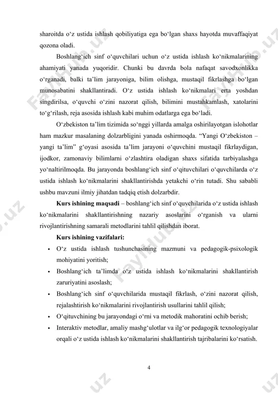 vishda boyitishi, o‘zini har tomonlama takomillashtirish, mavjud xatolarini tahlil qilib, ularni bartaraf etishga intilishi bilan bog‘liq bo‘lgan murakkab pedagogik-psixologik jarayonni anglatadi. bu tushuncha insonning o‘z faoliyatini tashqi nazoratga tayanmasdan, ichki motivatsiya, o‘zini anglash va shaxsiy mas’uliyat asosida yo‘naltirishi jarayonida namoyon bo‘ladi. psixologik nuqtayi nazardan o‘z ustida ishlash insonning “metakognitiv qobiliyatlari” bilan chambarchas bog‘liq bo‘lib, bunda shaxs o‘z bilim olish jarayonini kuzatadi, nazorat qiladi va kerak bo‘lganda uni o‘zgartiradi. pedagogik jihatdan esa o‘z ustida ishlash o‘quvchining mustaqilligini, intizomini va o‘z bilimini chuqurlashtirishga bo‘lgan ehtiyojini rivojlantirishga xizmat qiladi. boshlang‘ich ta’lim bosqichida bu jarayon o‘ta muhim ahamiyatga ega, chunki aynan shu davrda bola bilim olish jarayoniga nisbatan munosabatini shakllantiradi. agar o‘quvchida o‘z ustida ishlash odati erta yoshdan paydo bo‘lsa, u nafaqat maktab davrida, balki kelajak hayotida ham o‘z bilimini mustaqil ravishda boyitishga, yangi ma’lumotlarni o‘zlashtirishga va hayotiy muammolarni yechishga tayyor bo‘ladi. masalan, boshlang‘ich sinf o‘quvchisi dars jarayonida o‘z daftarini tekshirib, xatolarini tuzatishga odatlansa, …